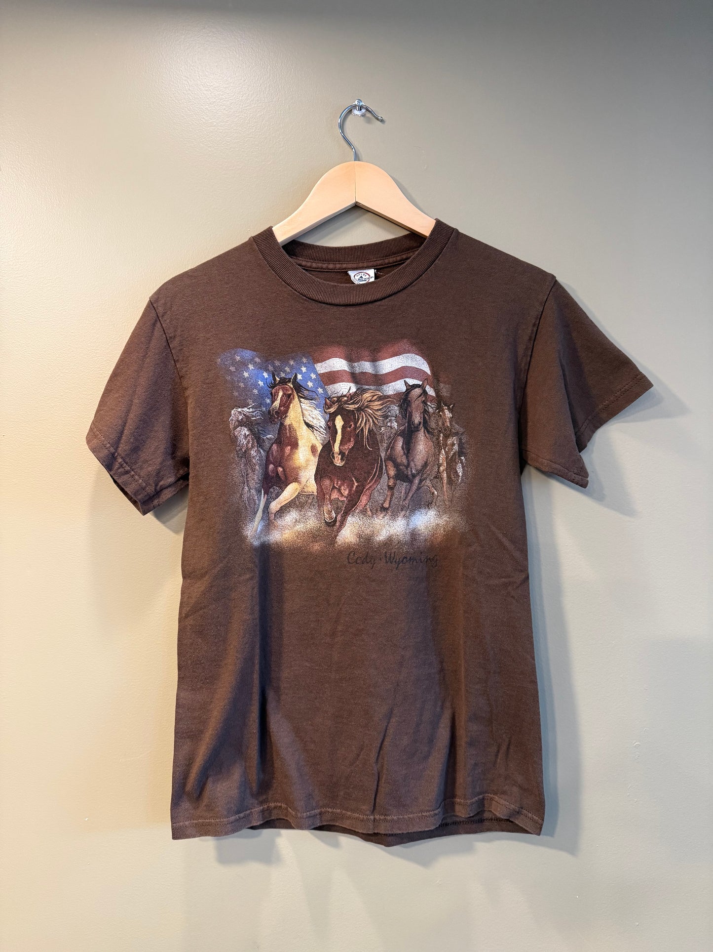Vintage Horses USA Flag Brown T-Shirt- S