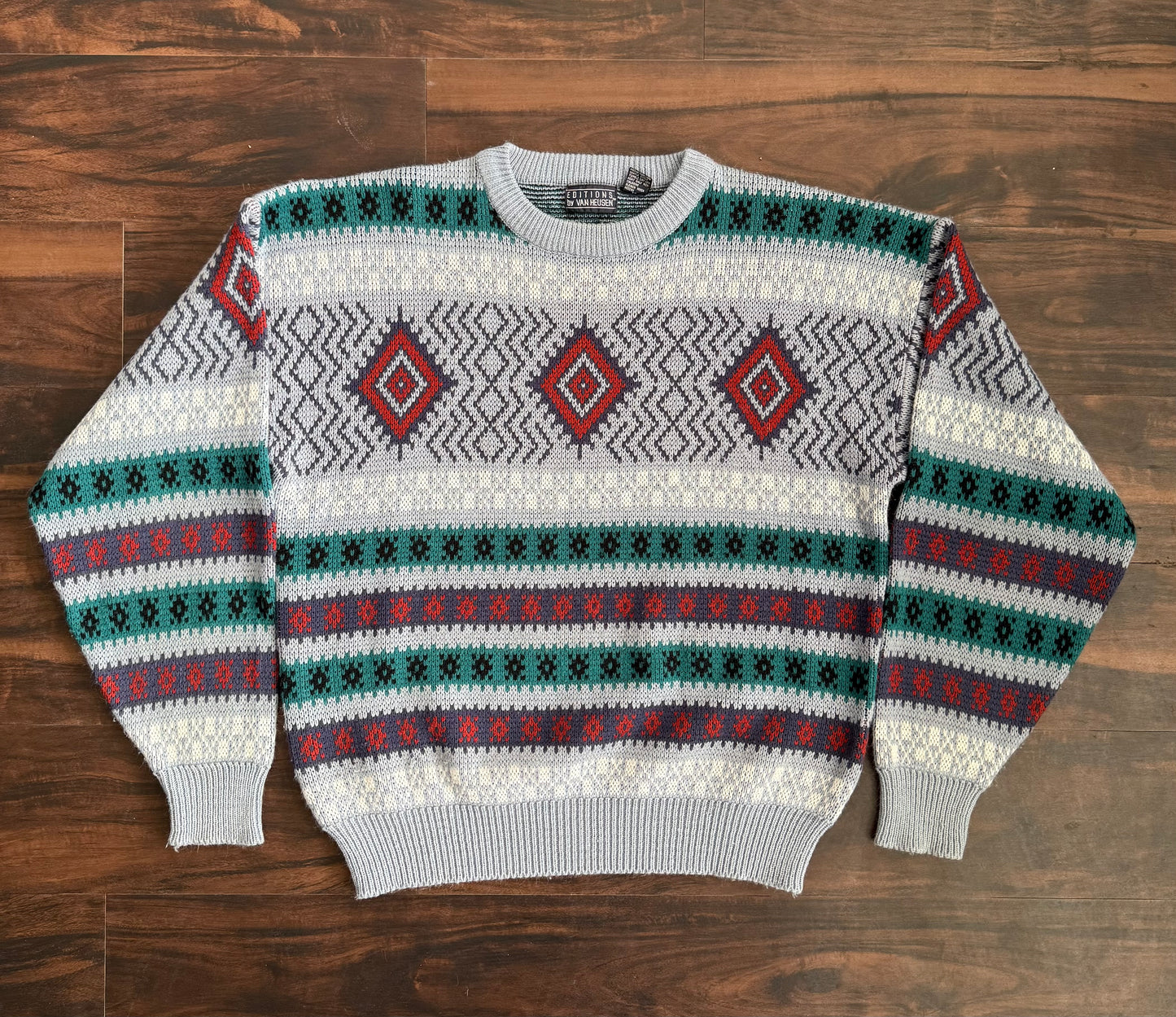 Vintage Patterned Gray Crewneck Sweater- L