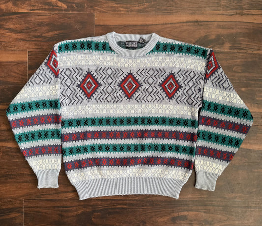 Vintage Patterned Gray Crewneck Sweater- L
