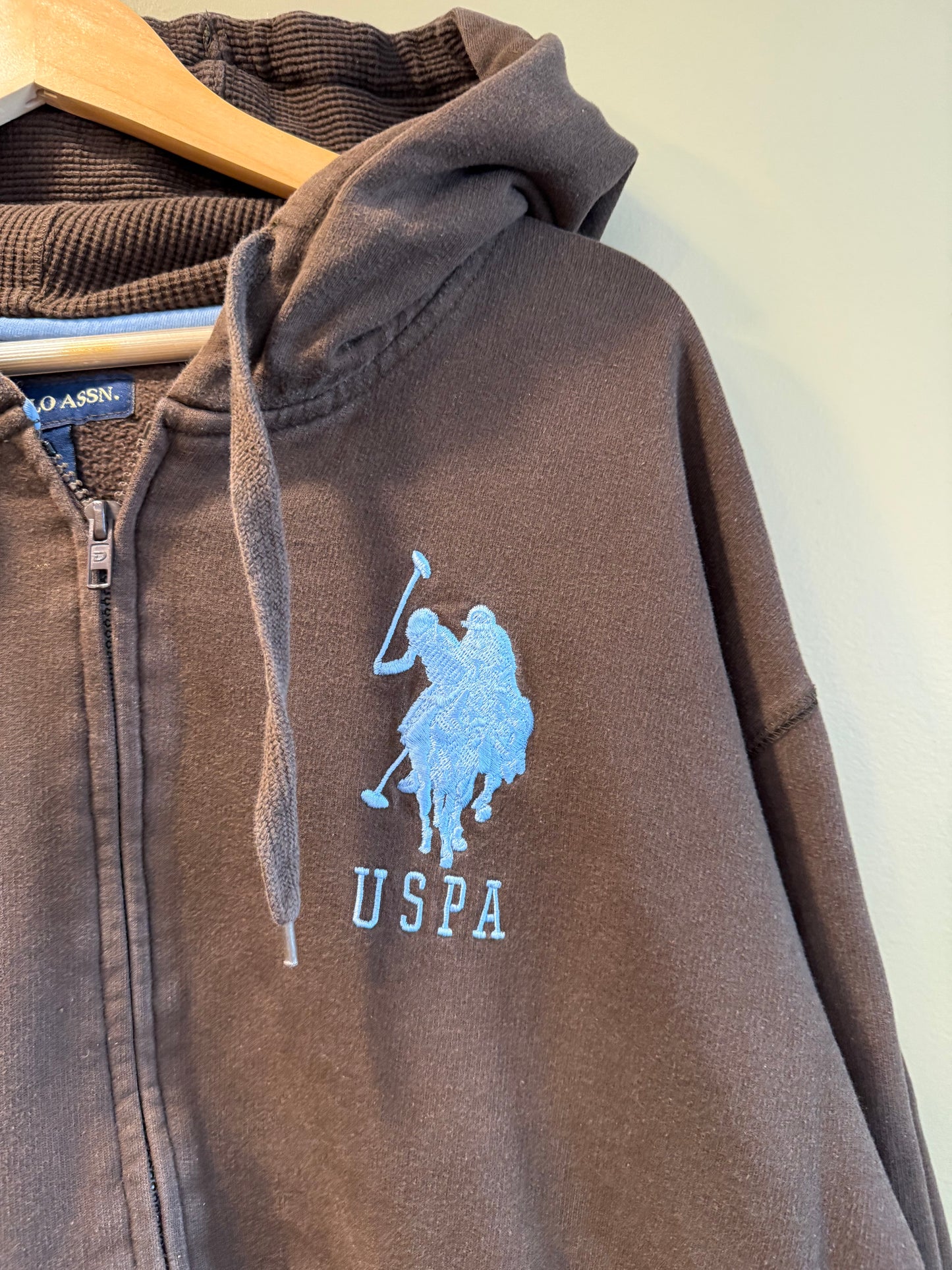 Vintage Y2K USPA Brown & Baby Blue Zip-Up Hoodie Sweatshirt- XL
