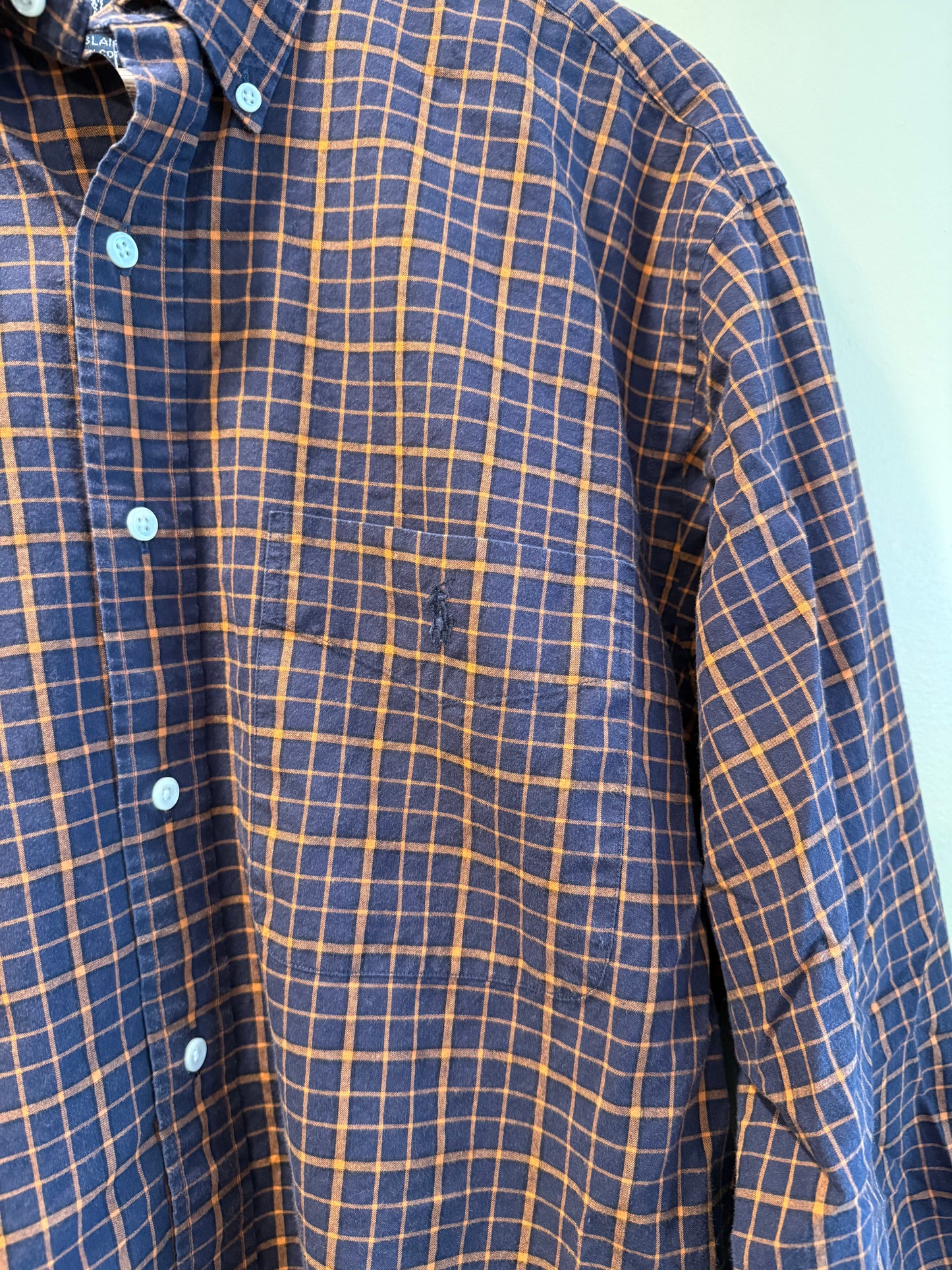 Vintage Polo Navy Blue & Orange Checkered Button-Up Shirt- M