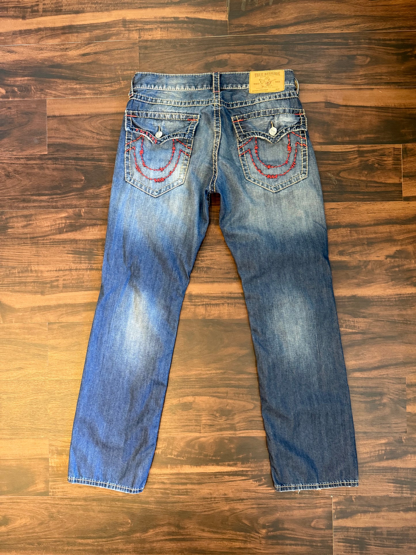 Vintage True Religion Red Lined Distressed Denim Jeans- 34x32