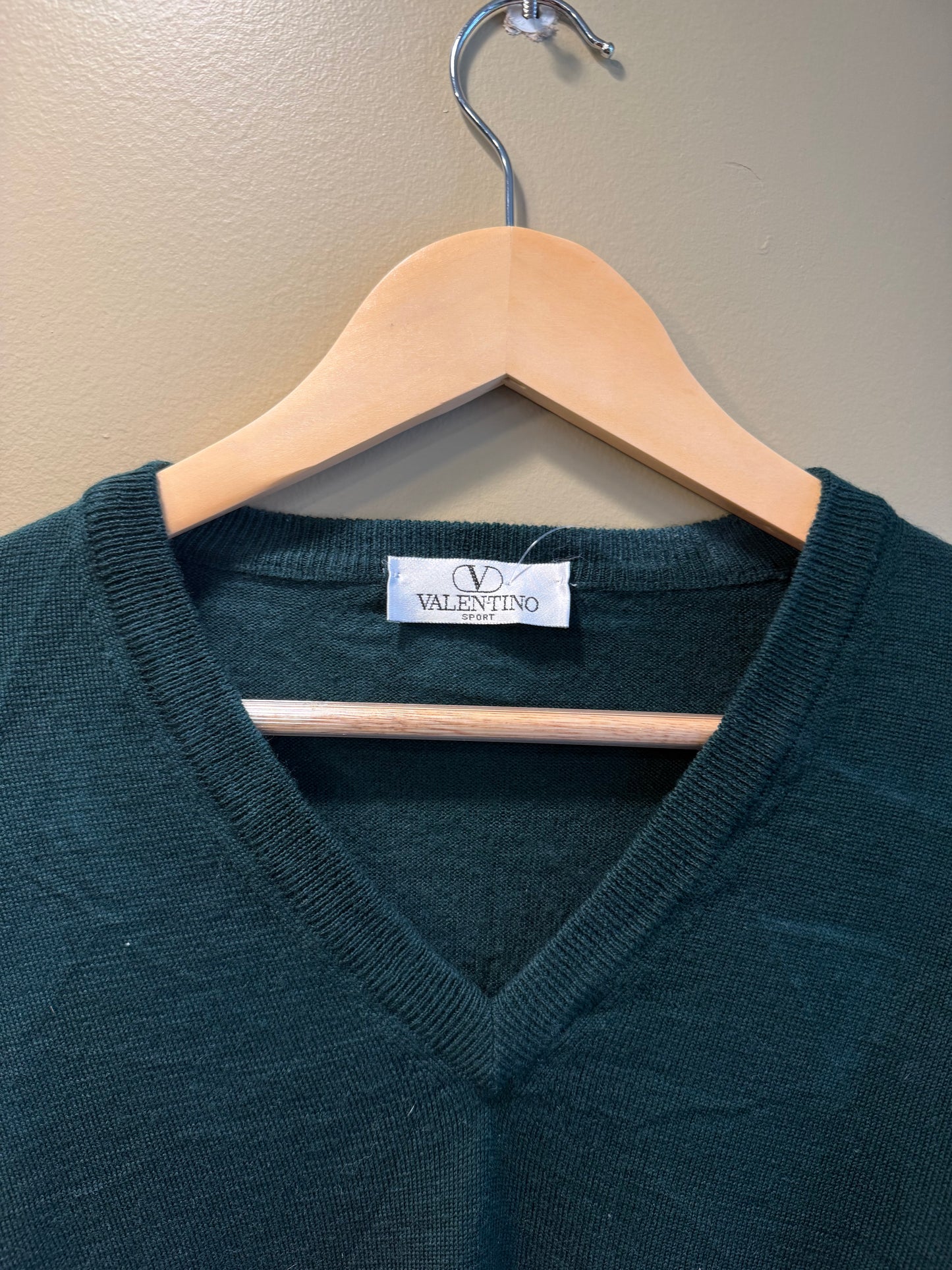 Vintage Valentino Sport Merino Wool Green V-Neck Sweater- M/L