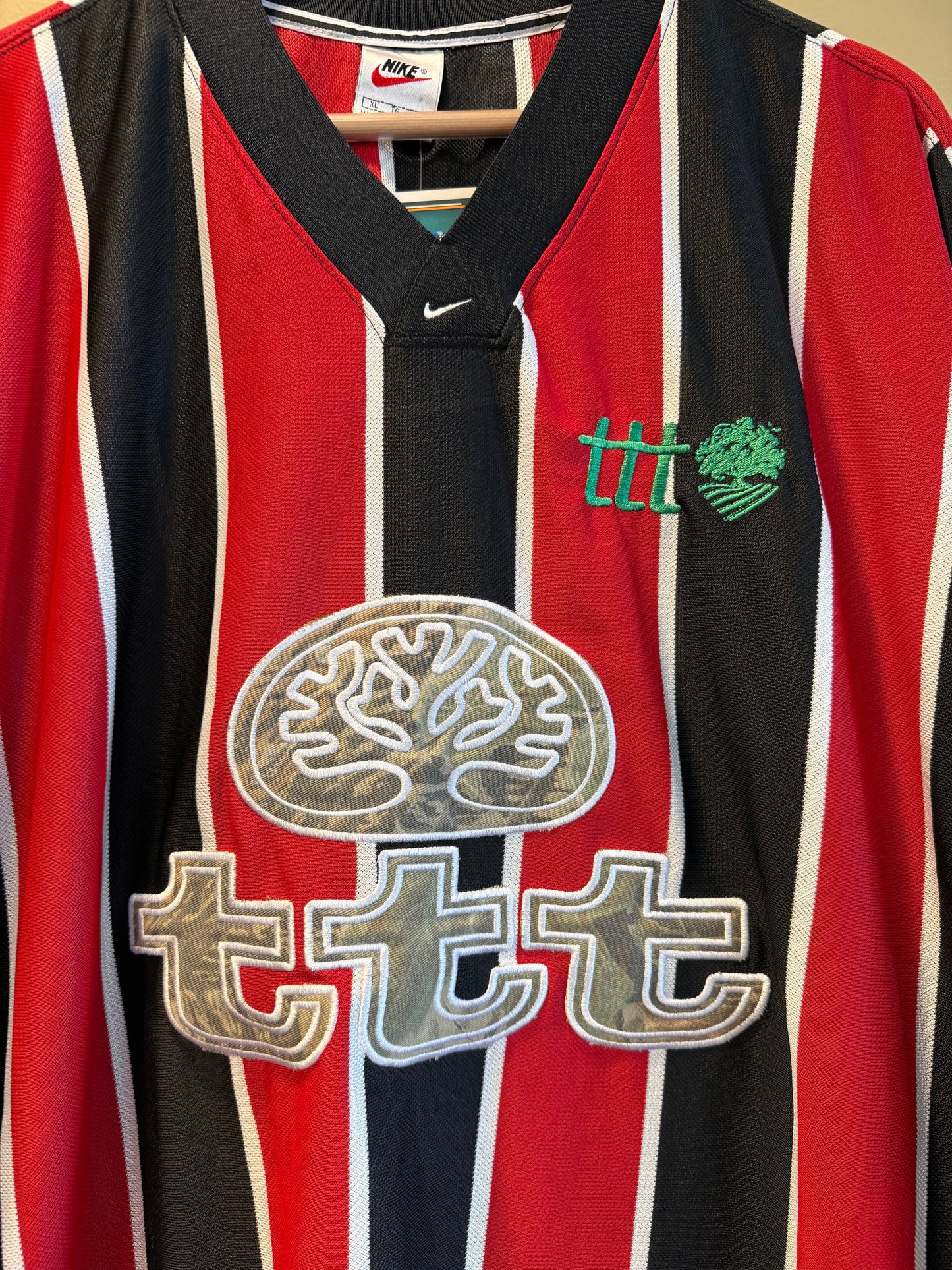 TTT Nike Red Center Swoosh Striped Football Soccer Jersey- XL