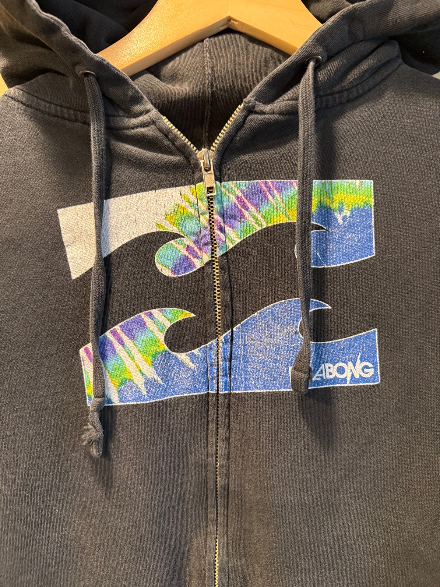 Vintage Billabong Tie Dye Graphic Black Zip-Up Hoodie Sweatshirt- L