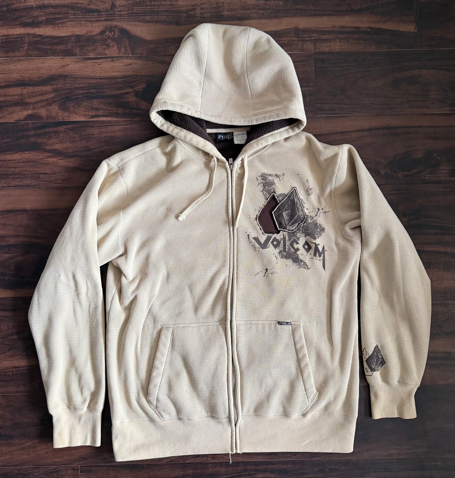 Vintage Y2K Volcom Nuetral Tone Waffle Knit Zip-Up Hoodie Sweatshirt- XL