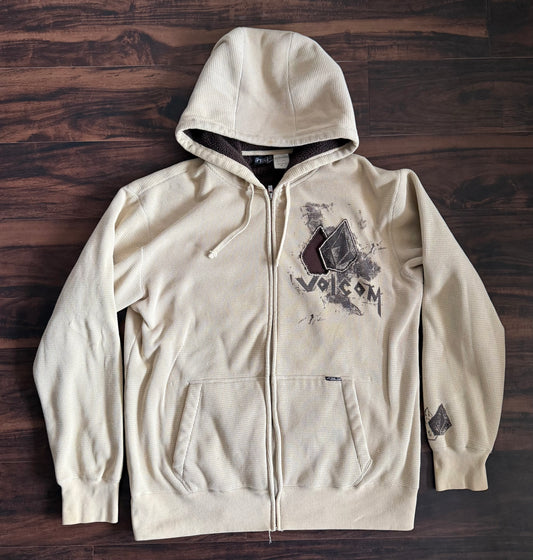 Vintage Y2K Volcom Nuetral Tone Waffle Knit Zip-Up Hoodie Sweatshirt- XL