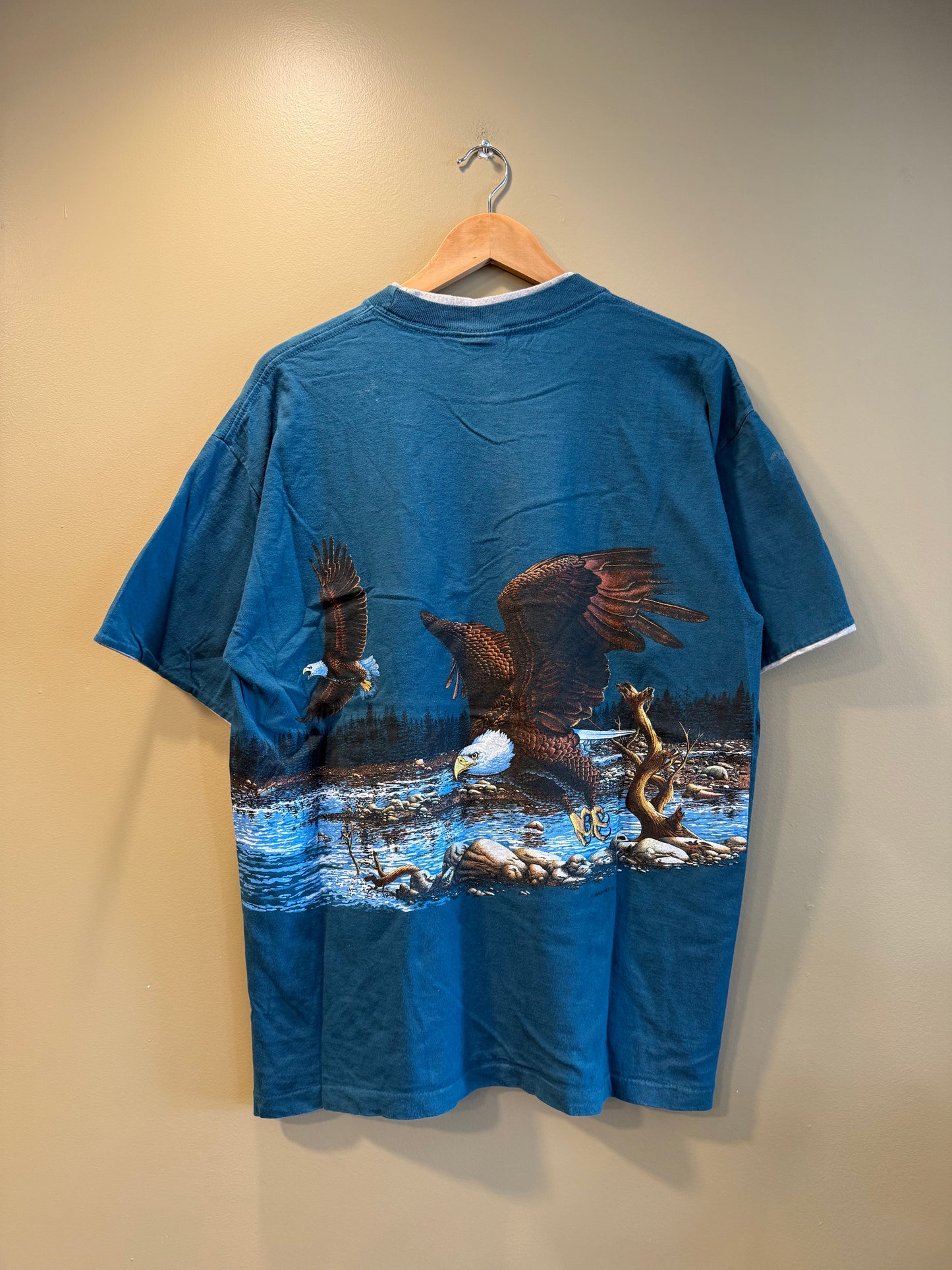 Vintage Bald Eagle Sitka Alaska Blue Wrap-Around Print T-Shirt- L