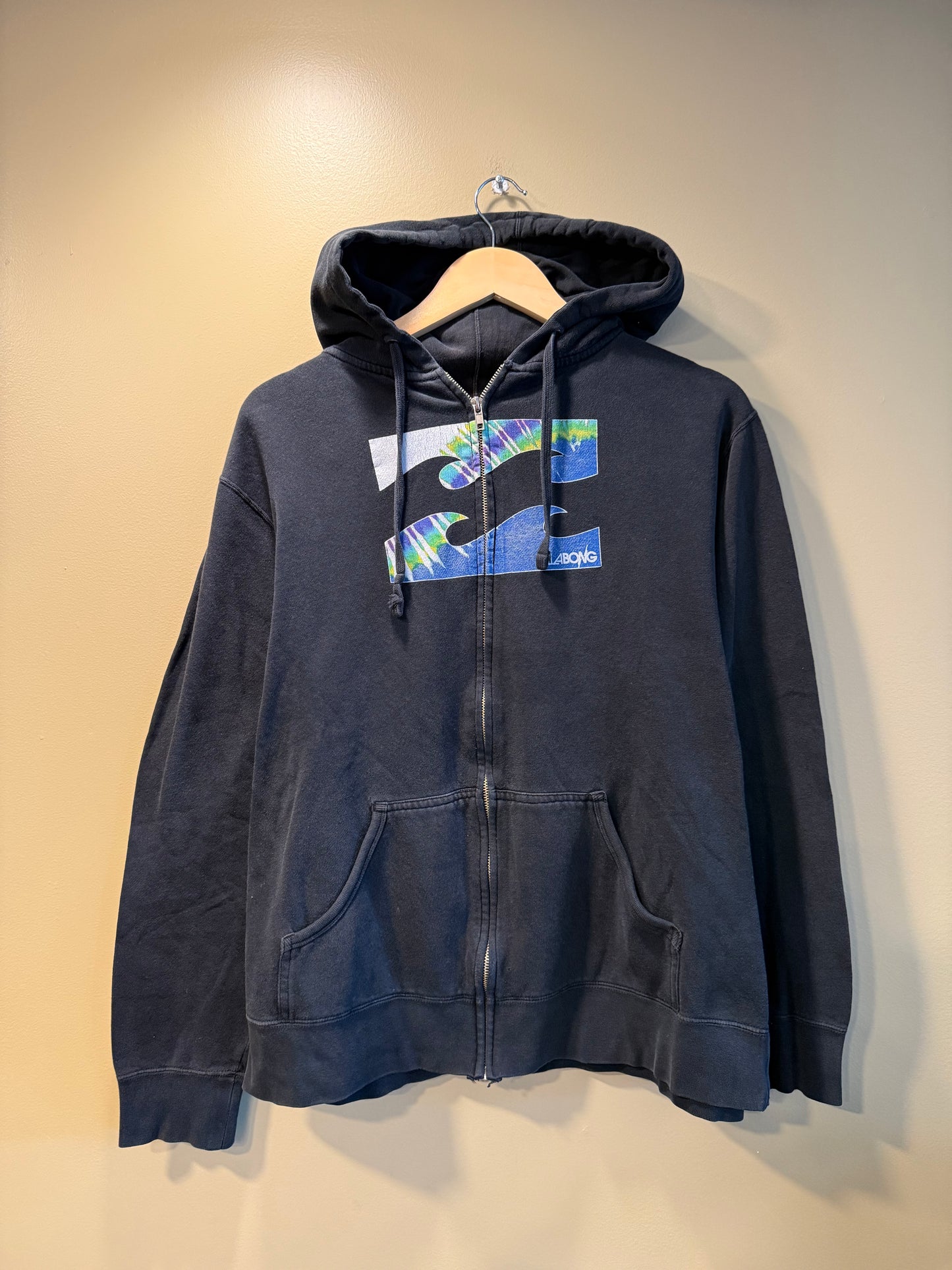 Vintage Billabong Tie Dye Graphic Black Zip-Up Hoodie Sweatshirt- L
