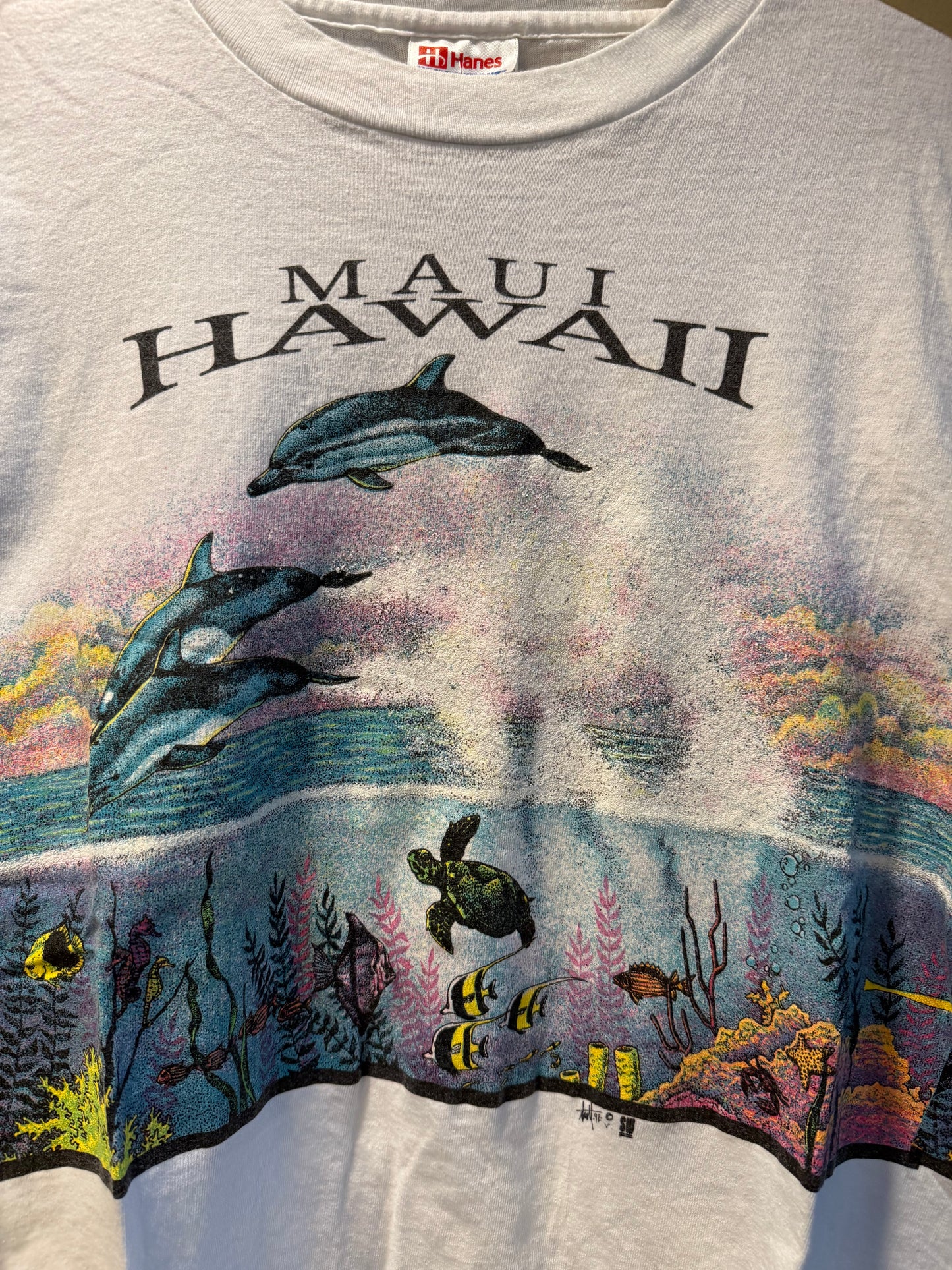Vintage Maui Hawaii Nature All Over Print Dolphins T-Shirt- S