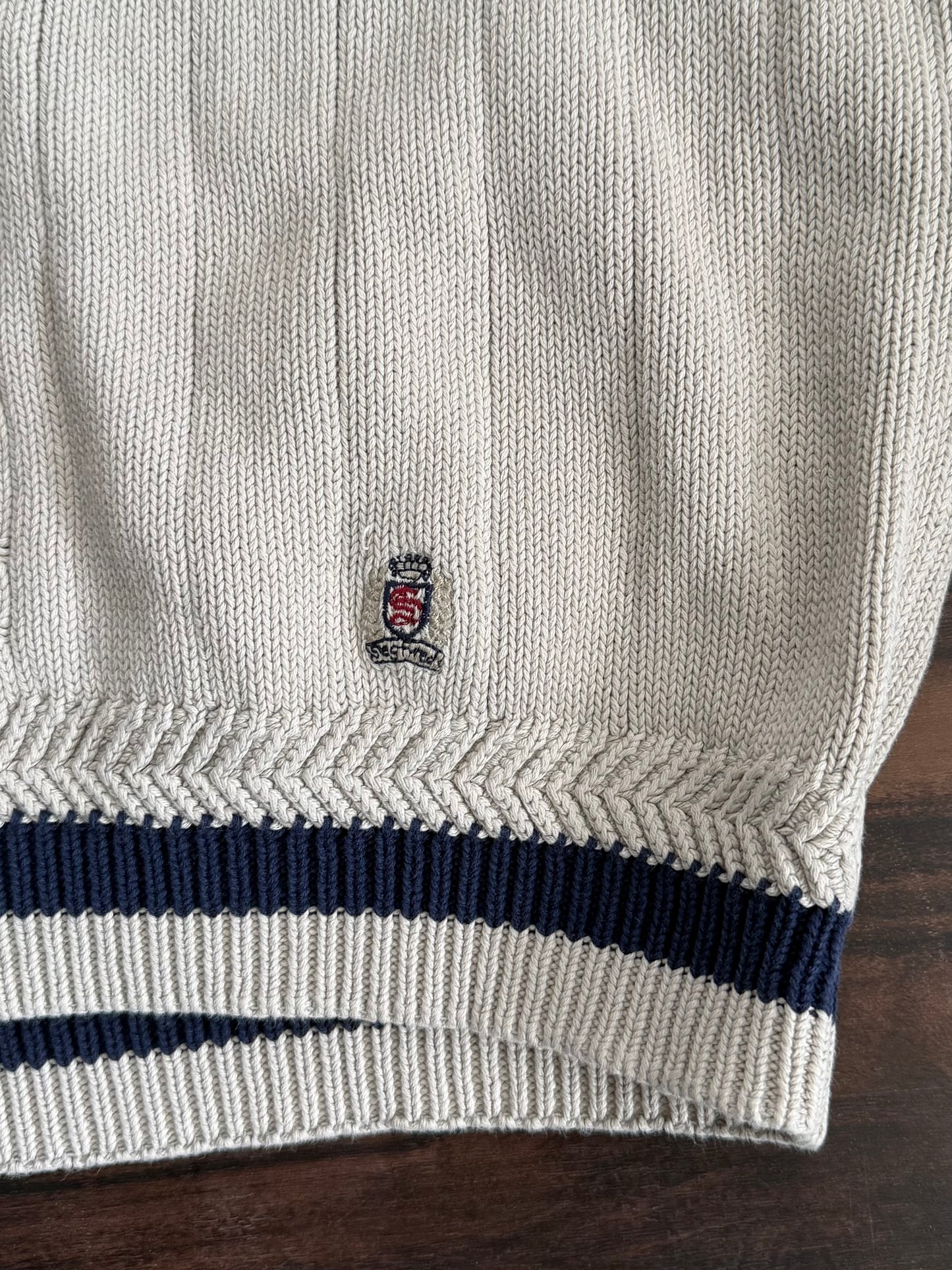 Vintage Siegfried V-Neck Collegiate Style White Cable Knit Sweater- M