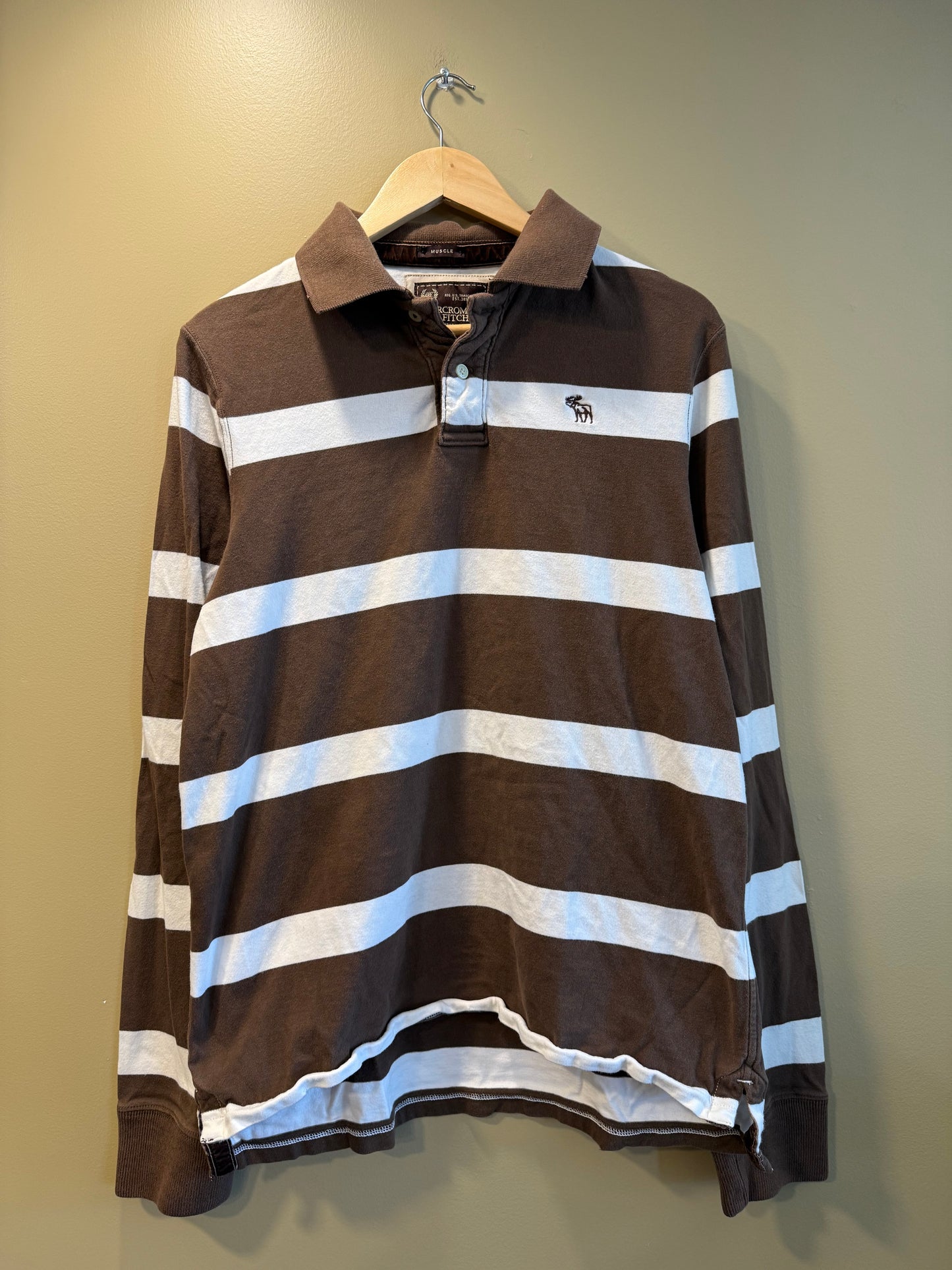 Vintage Abercrombie & Fitch Brown Striped Polo Long Sleeve Shirt- L