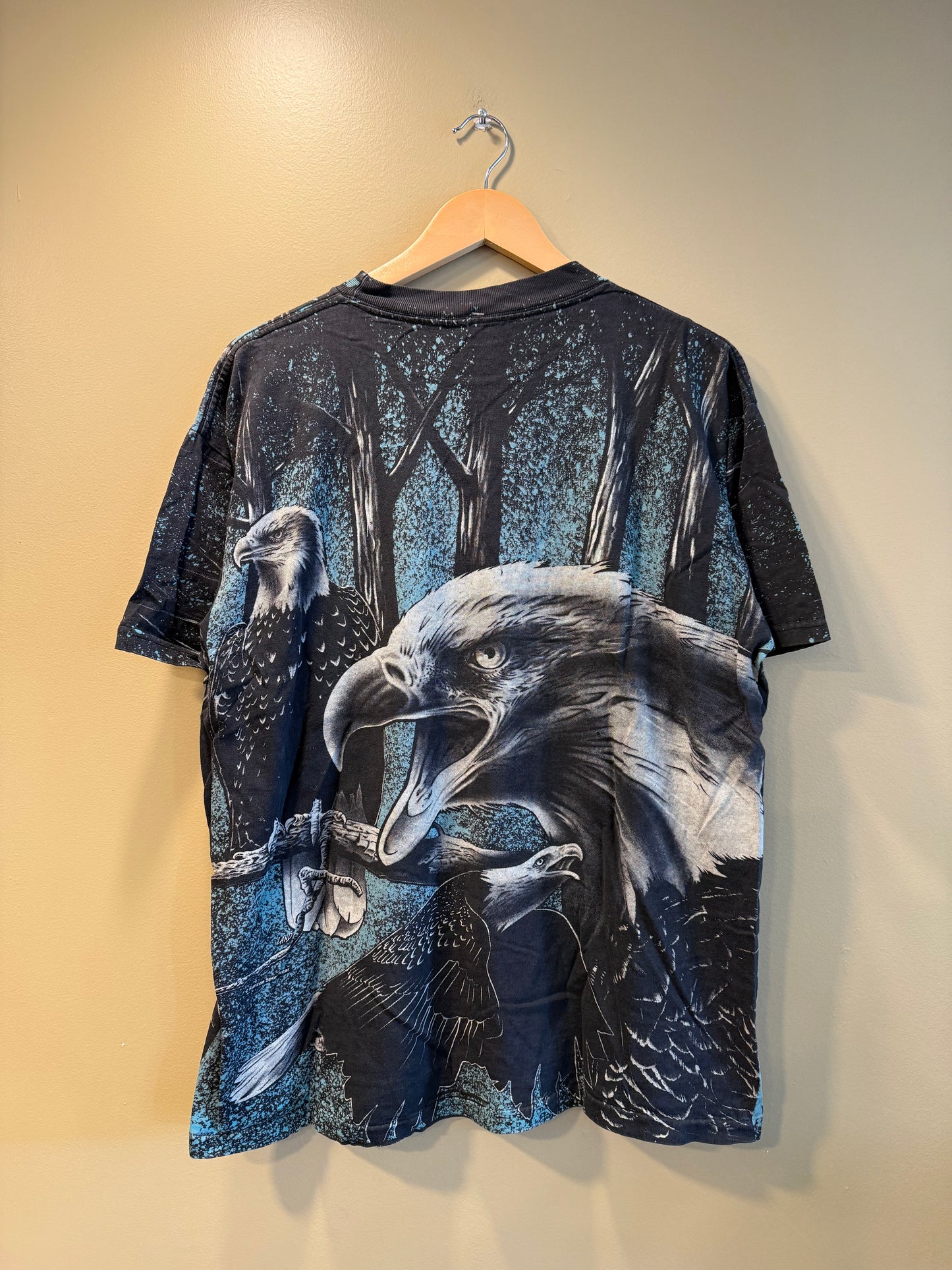Vintage Bald Eagle Blue & Black All Over Print Nature T-Shirt- L