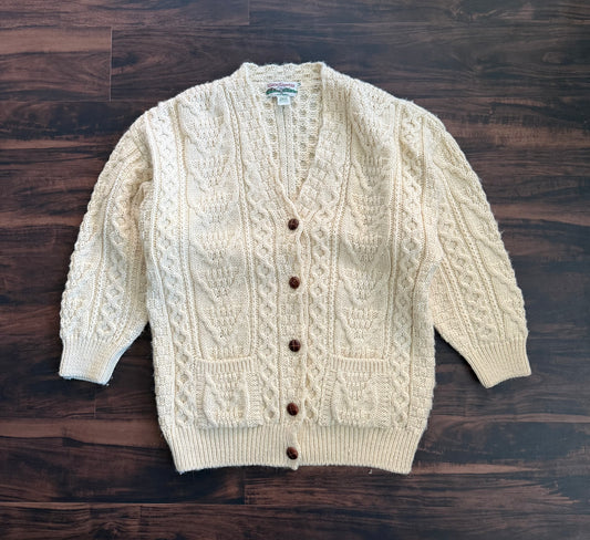 Vintage 100% Wool Celtic Country Made In Ireland White Cable-Knit Cardigan Sweater- M