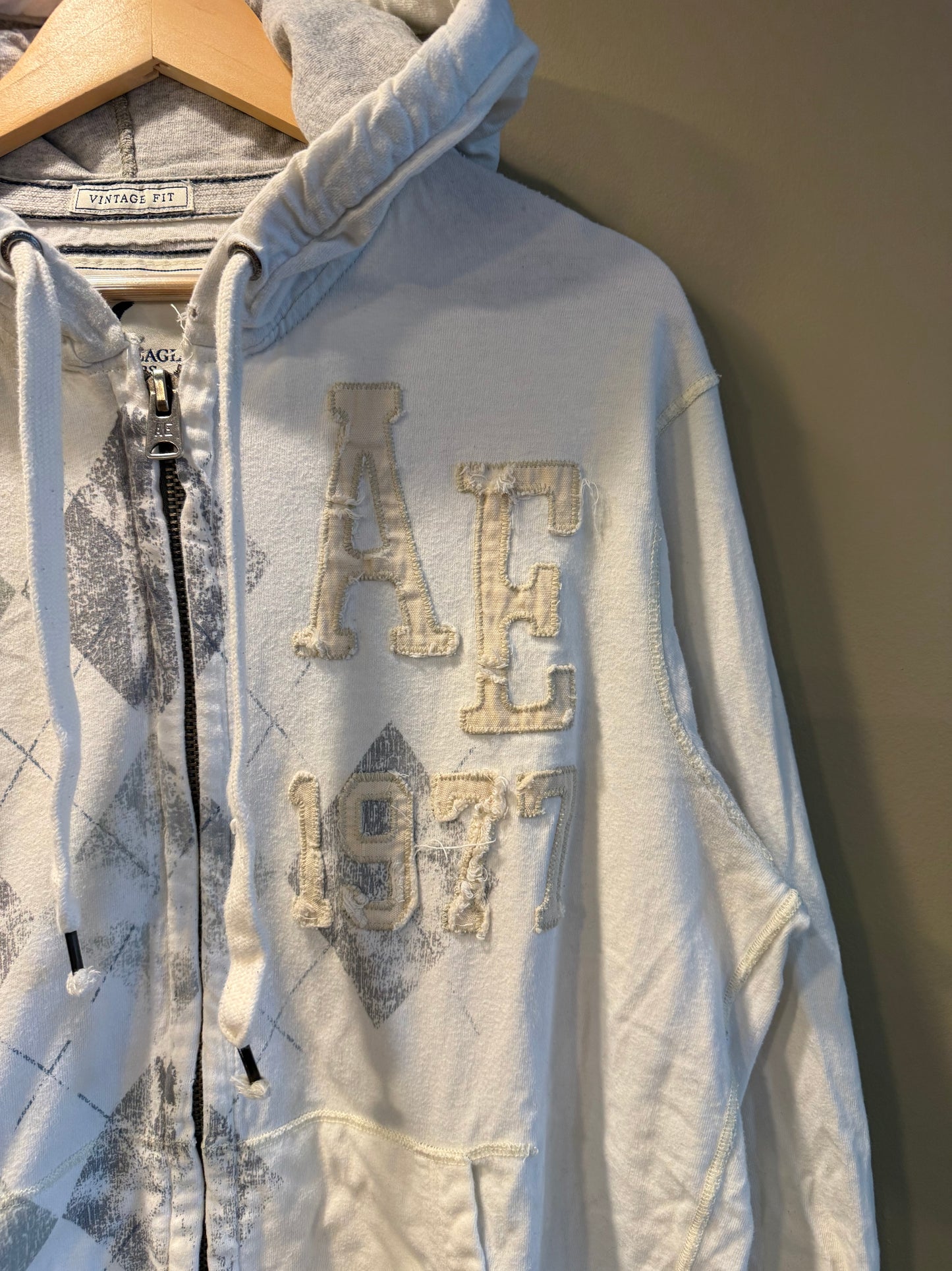 Vintage American Eagle White Argyle Print Zip-Up Hoodie Sweatshirt- L