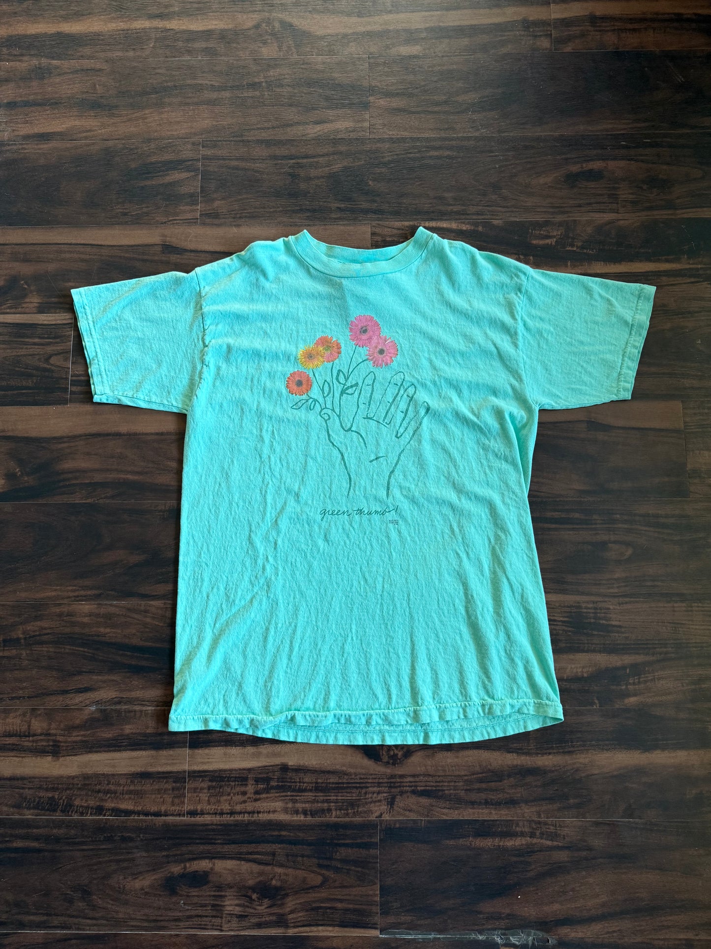 Vintage Green Thumb Flowers Art T-Shirt- L