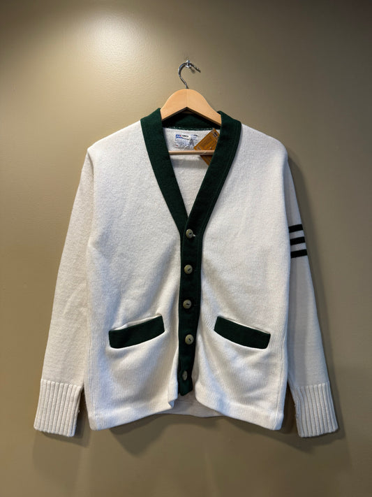Vintage AMF White & Green Striped Cardigan Sweater- S