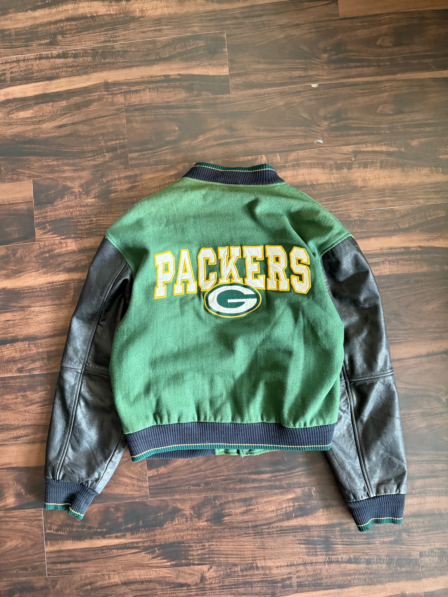 Vintage Green Bay Packers NFL Carl Banks Leather & Wool Varsity Jacket- L