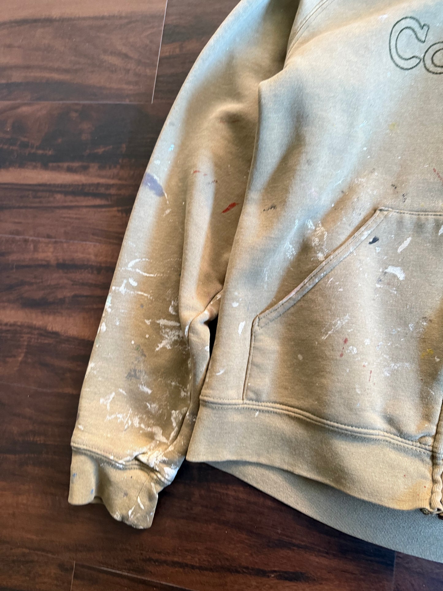 Vintage Carhartt Embroidered Distressed Paint-Splattered Zip-Up Green Hoodie- S