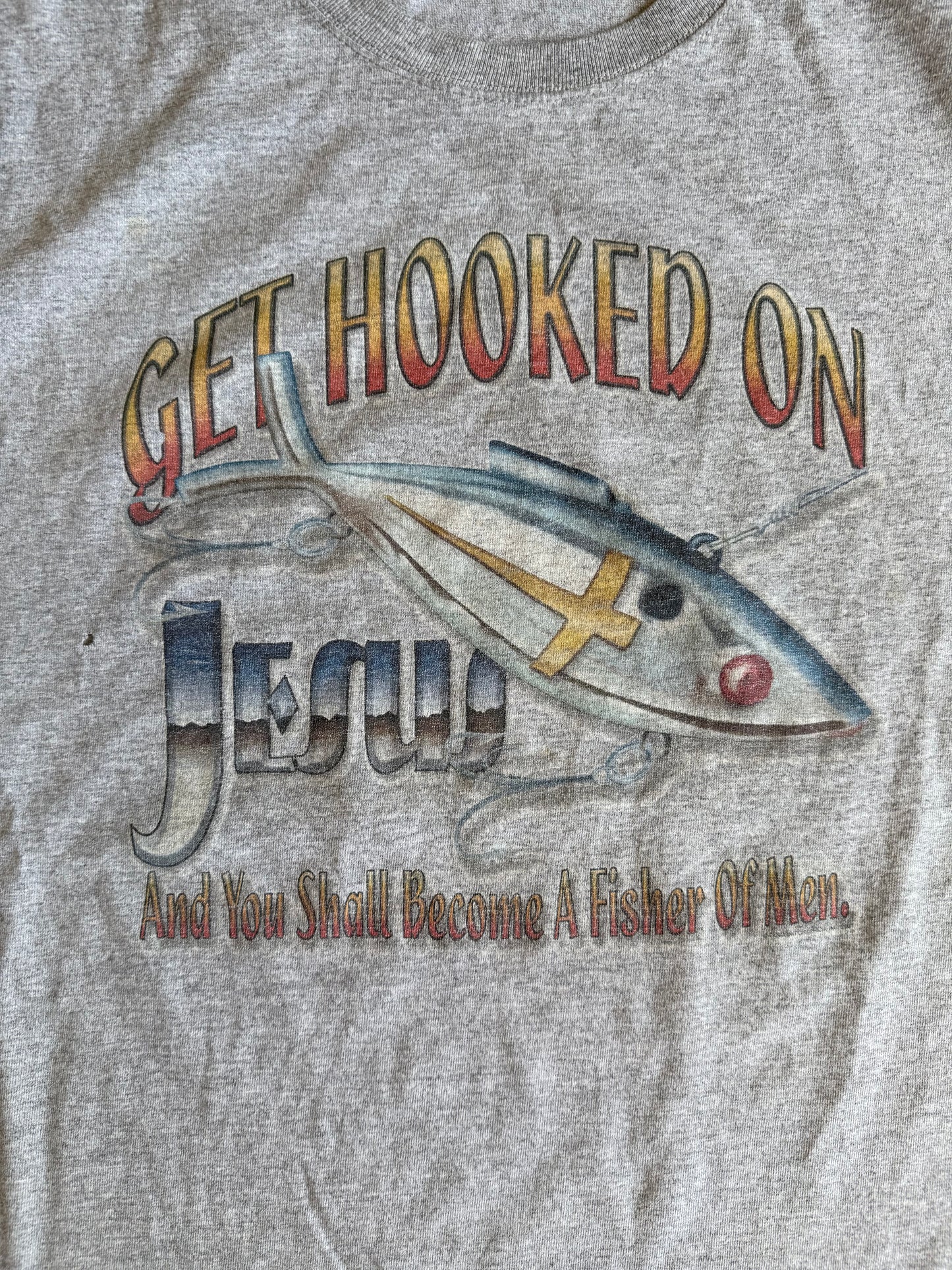 Vintage Hooked On Jesus Fishing Lure Gray T-Shirt- XXL