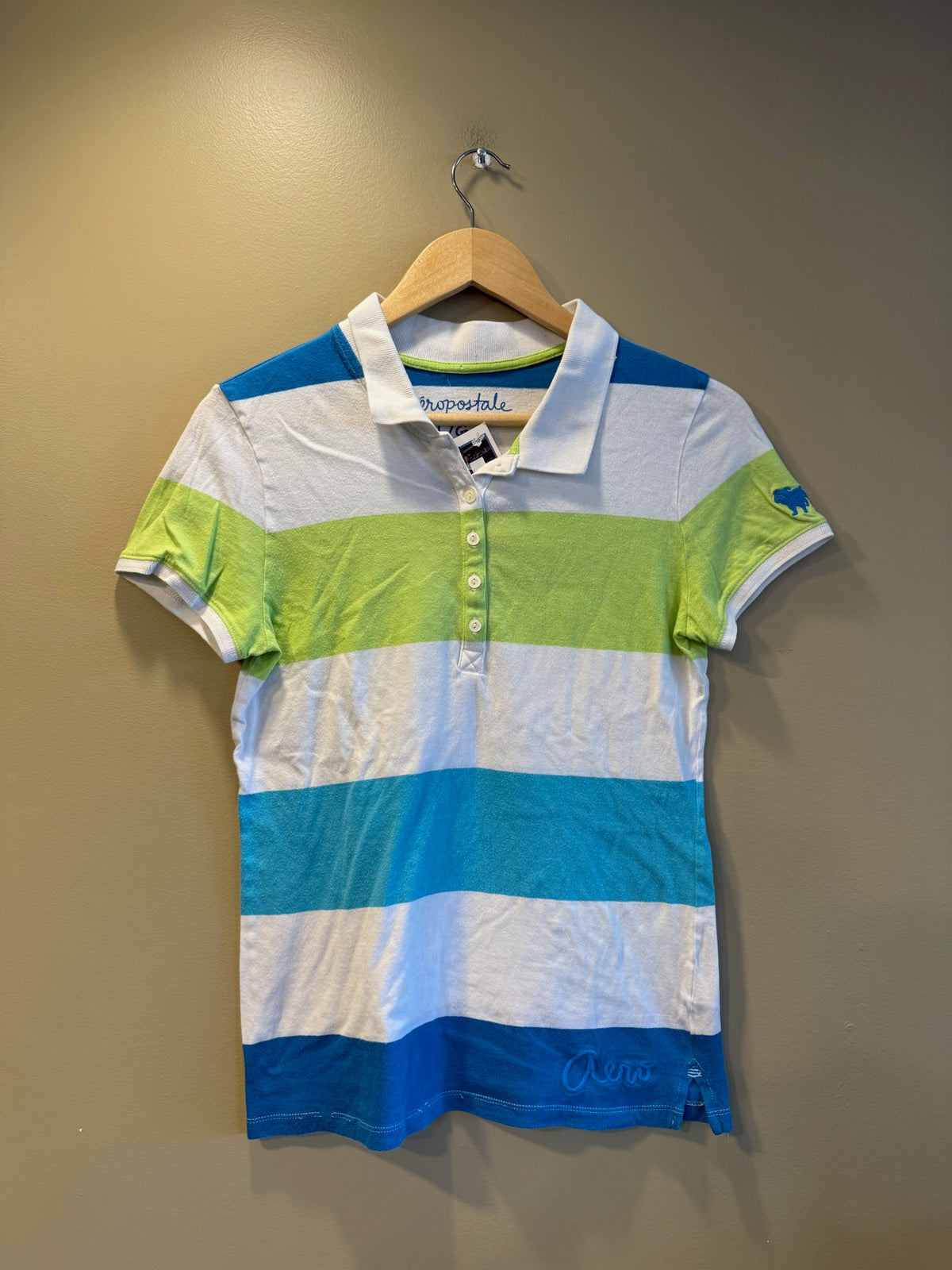 Vintage Y2K Aeropostale Blue Green White Striped Woman’s Polo T-Shirt - L