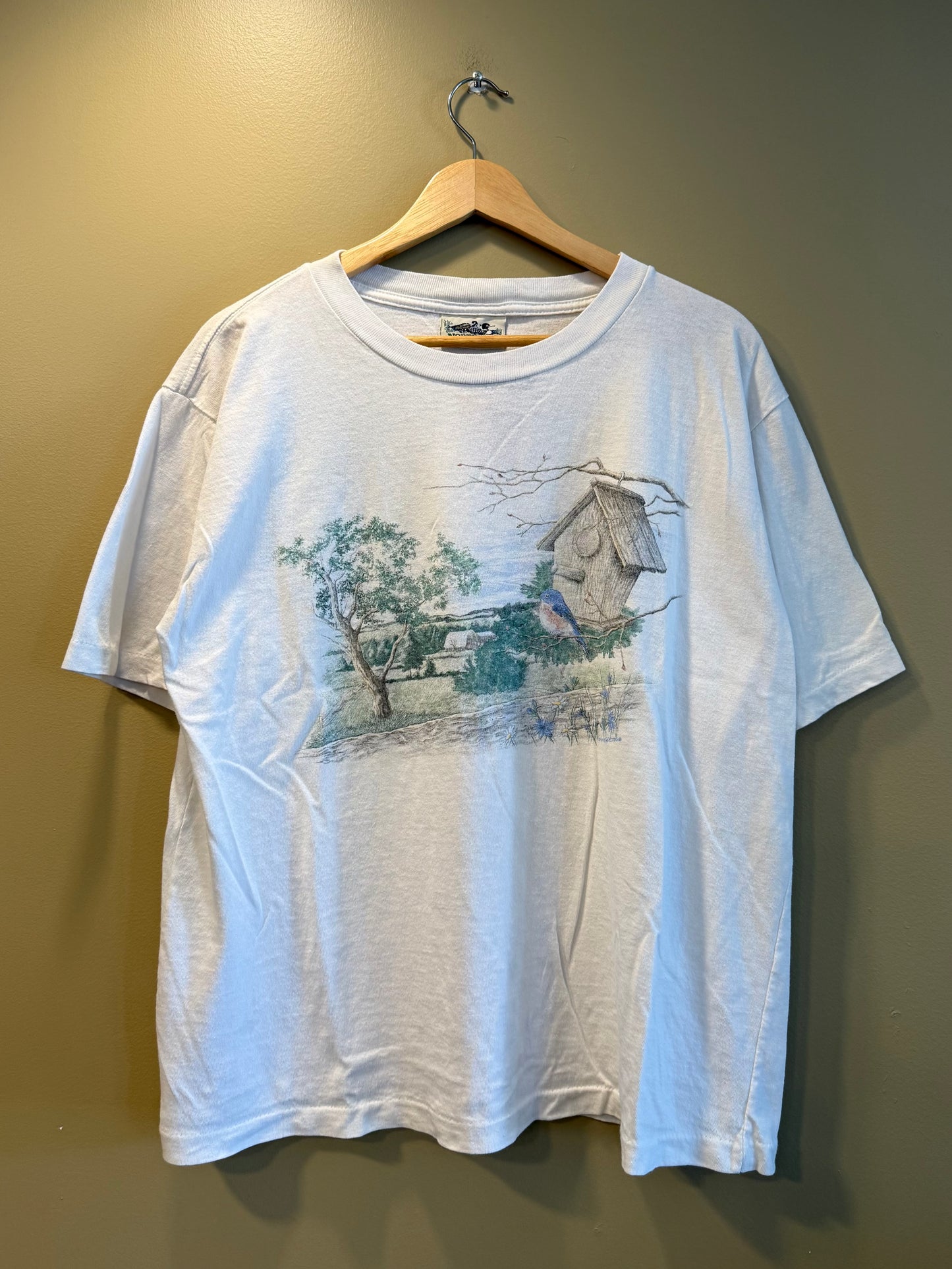 Vintage Blue Bird House Nature T-Shirt- L