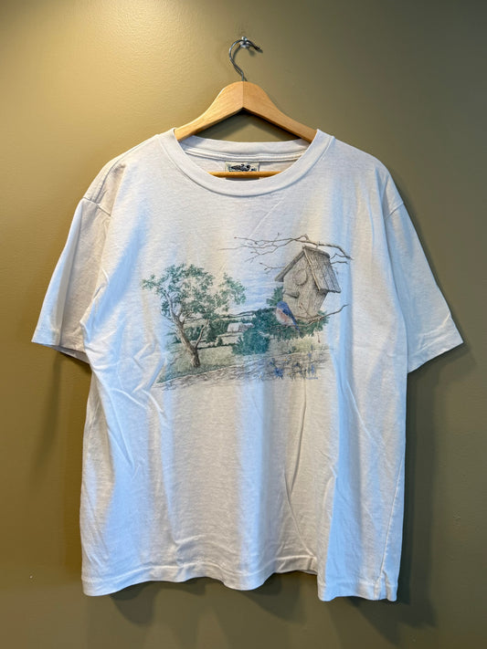 Vintage Blue Bird House Nature T-Shirt- L