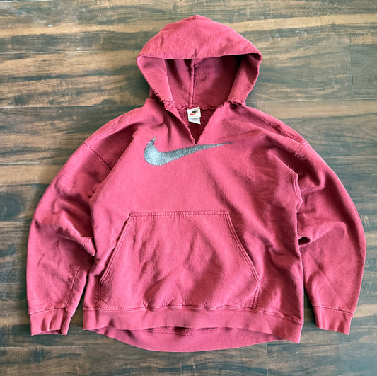 Vintage Nike Chopped Neck Big Swoosh Maroon Hoodie Sweatshirt- L