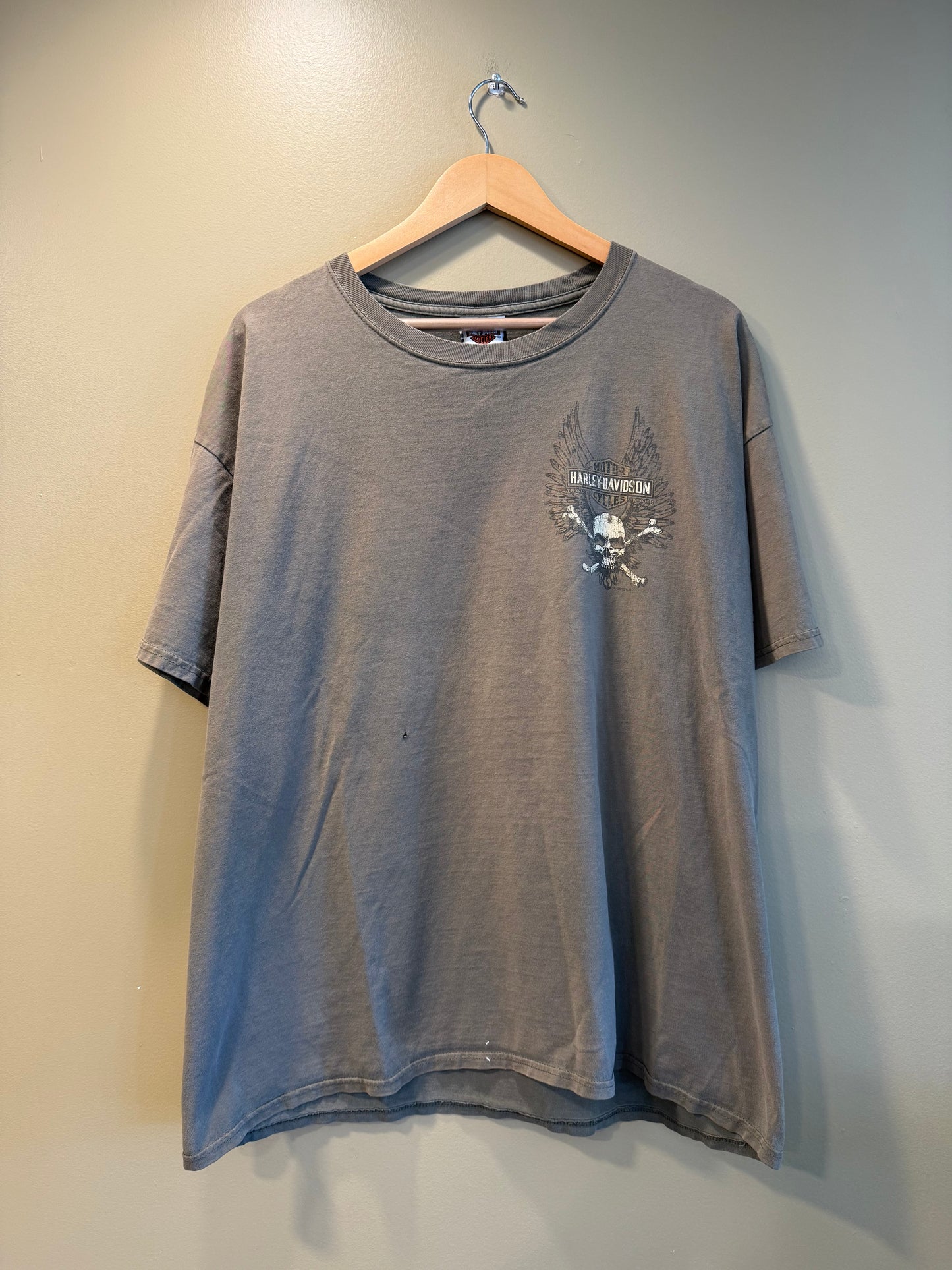 Vintage Y2K Harley Davidson Olive Green Skull & Crossbones T-Shirt- XL