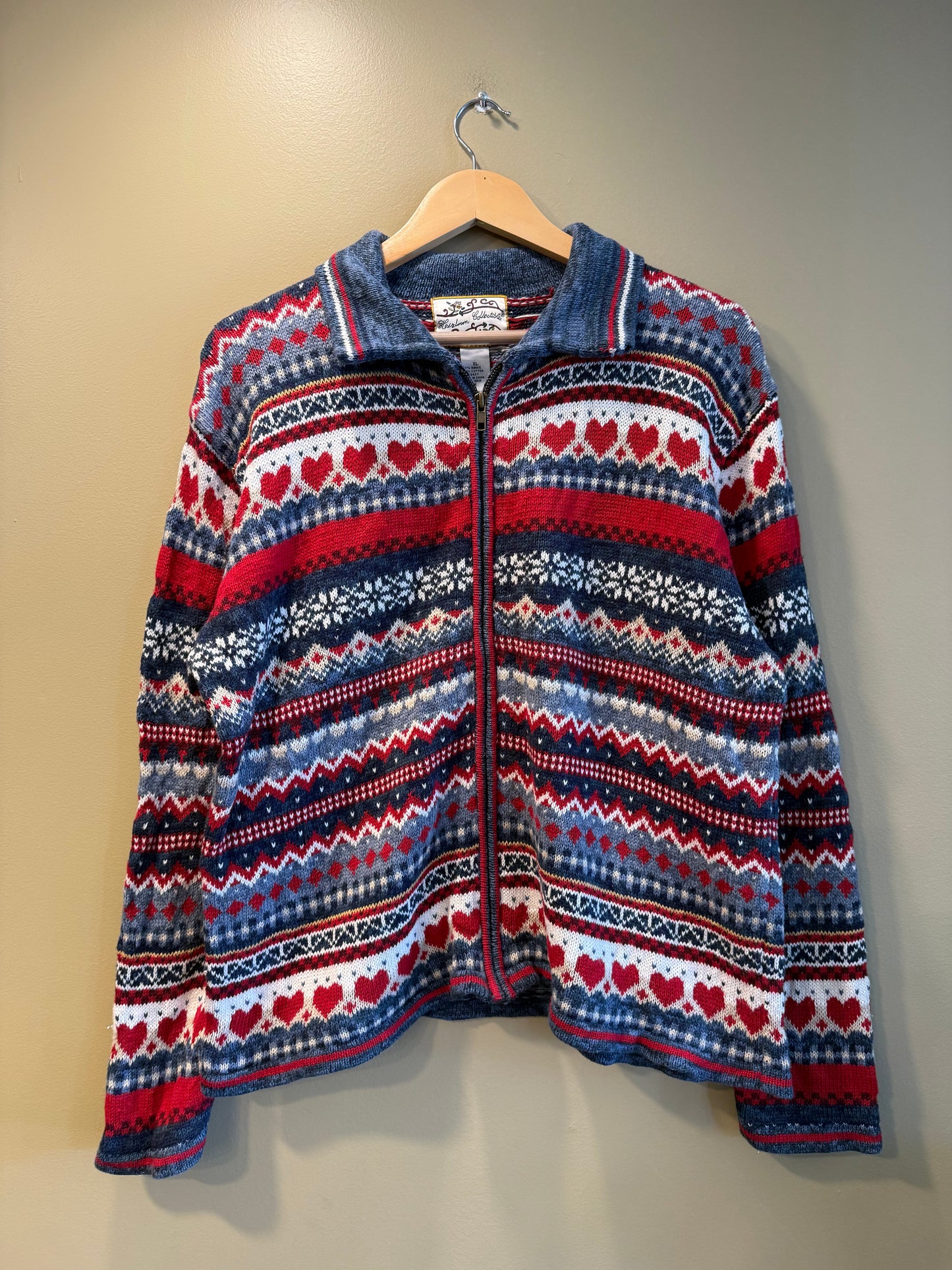 Vintage Heirloom Collectibles Zip-Up Hearts Striped Sweater- XL
