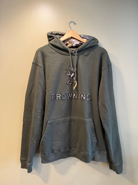 Vintage Browning Green Camouflage Buck Hoodie Sweatshirt- L
