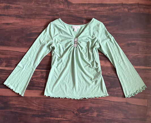 Vintage Green Embossed Flared Long Sleeve Top- S
