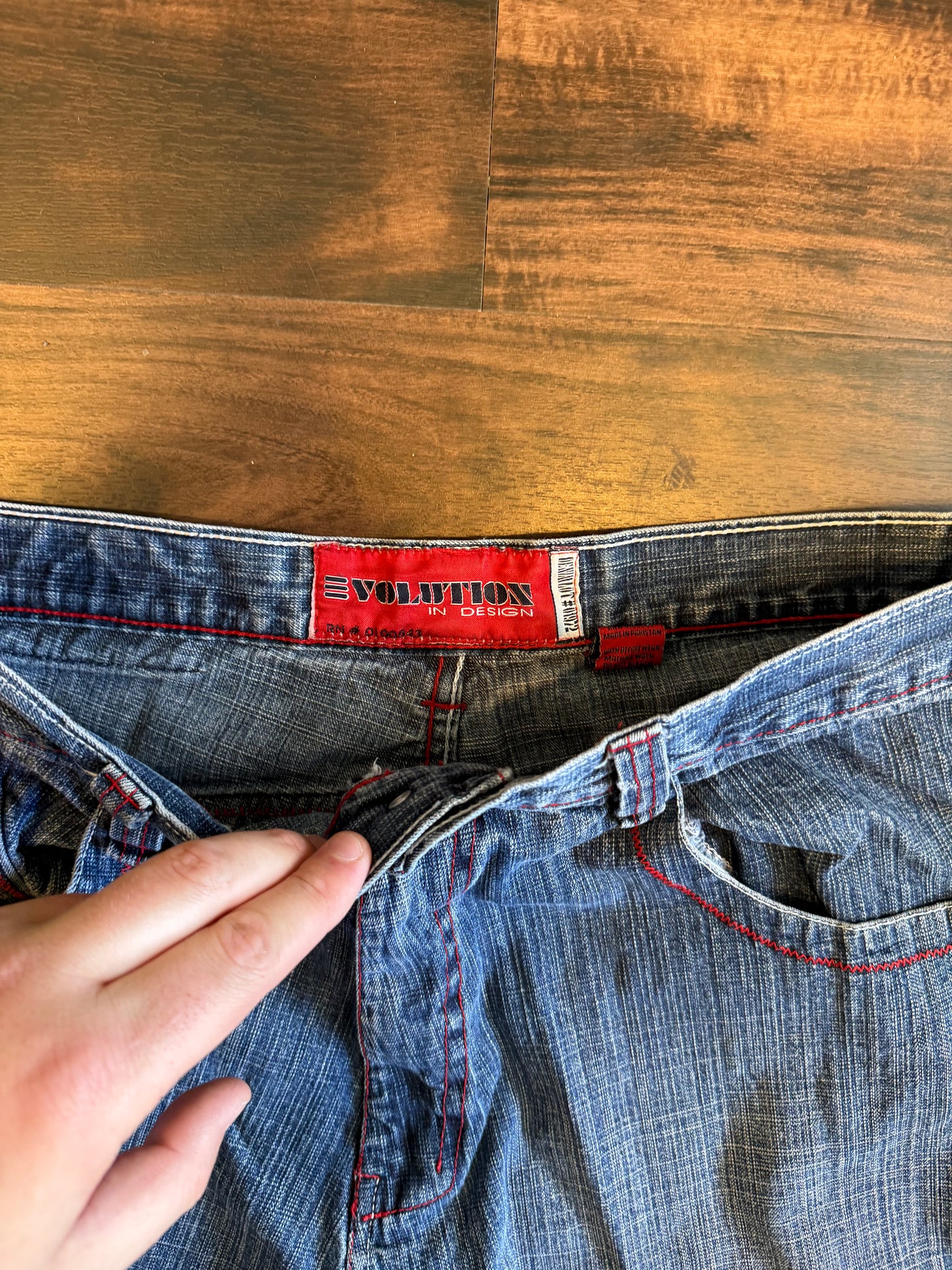 Vintage Evolution Red Embroidered Streetwear Jean Shorts- 36