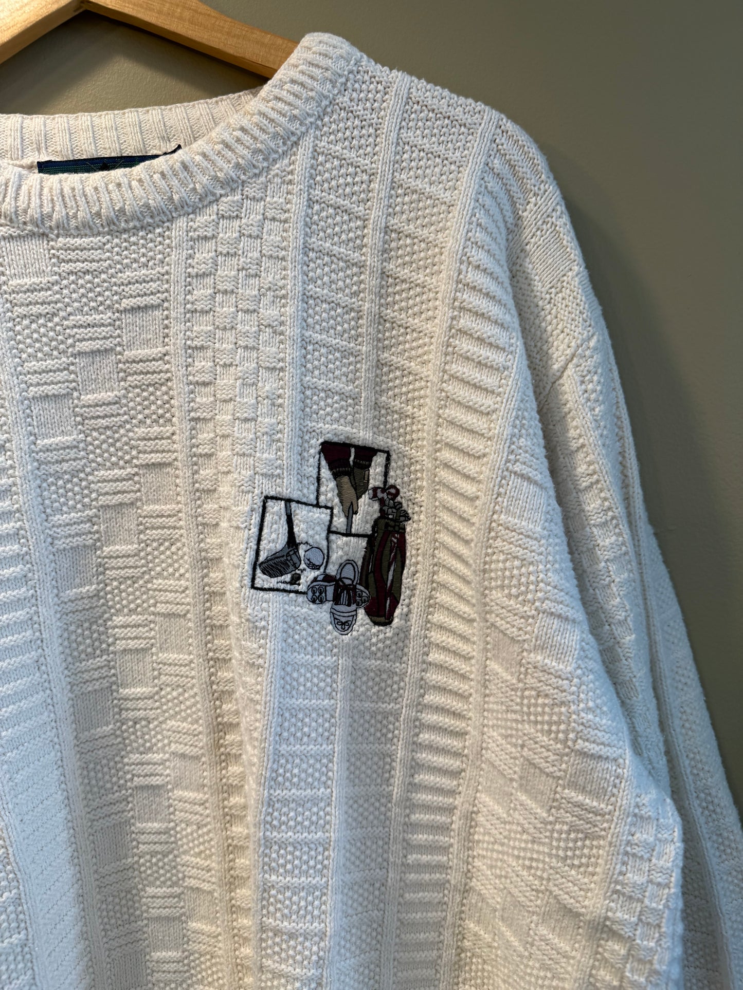 Vintage Carmel White Golf Knit Cotton Sweater- L/XL
