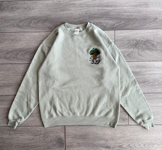 The Thrifting Tree Embroidered Matcha Green Crewneck Sweatshirt- M