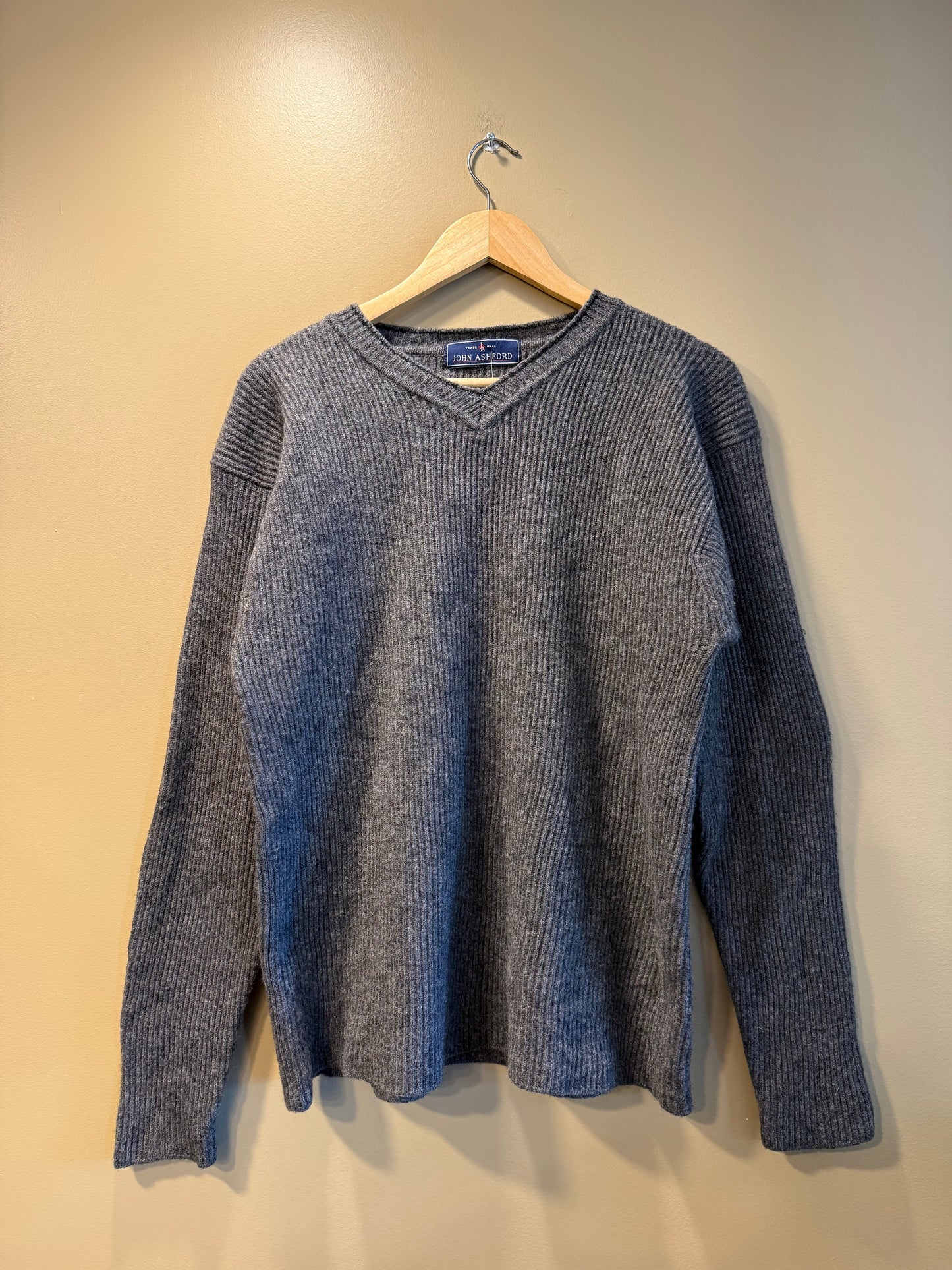 Vintage John Ashford Gray Lambswool V-Neck Sweater- M