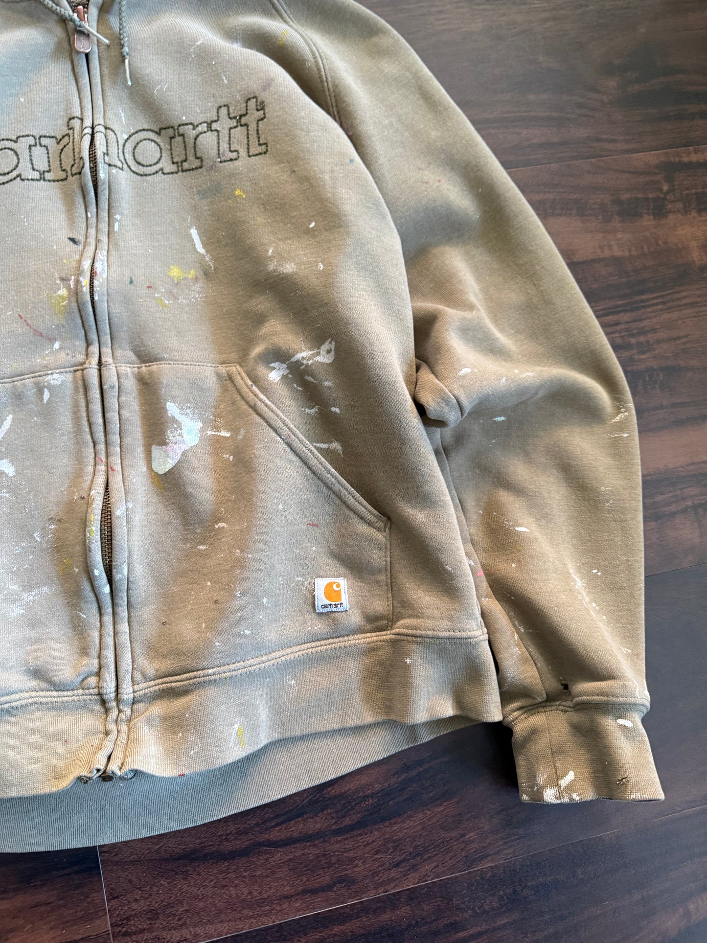 Vintage Carhartt Embroidered Distressed Paint-Splattered Zip-Up Green Hoodie- S