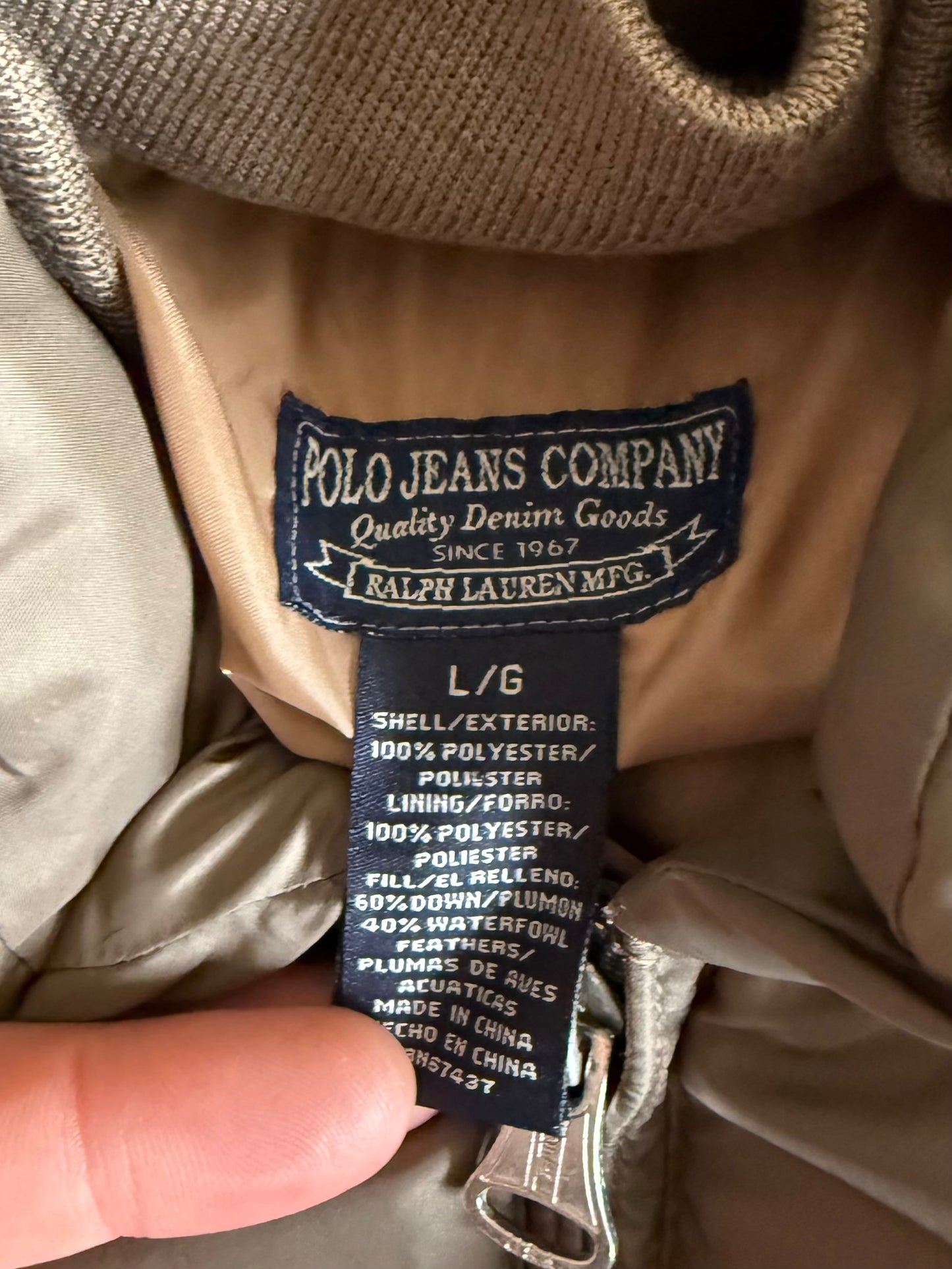 Vintage Polo Jeans Co. Ralph Lauren Olive Green Down Puffer Jacket- L