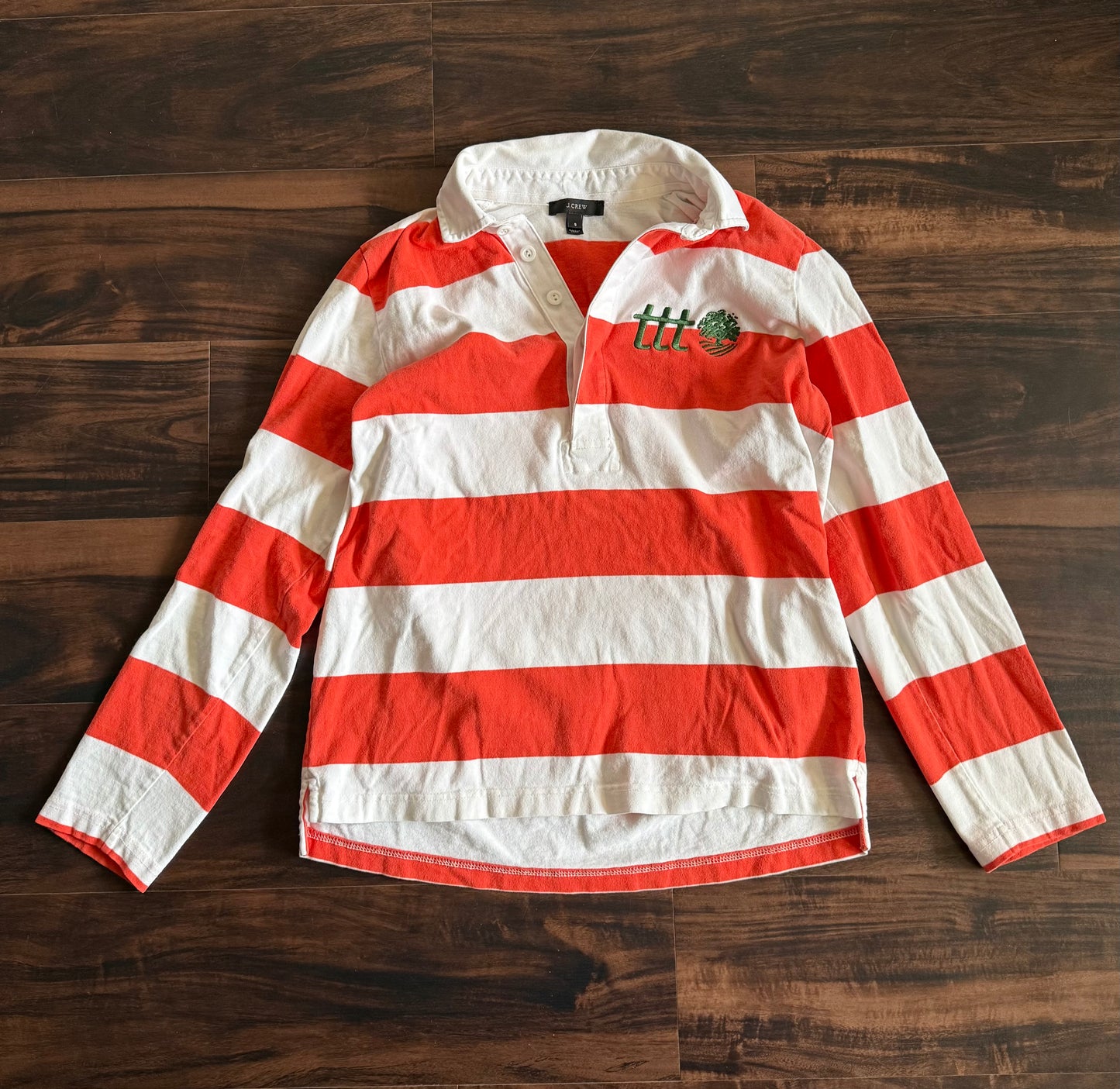 The Thrifting Tree Collared Orange Striped Rugby Long Sleeve Shirt- S
