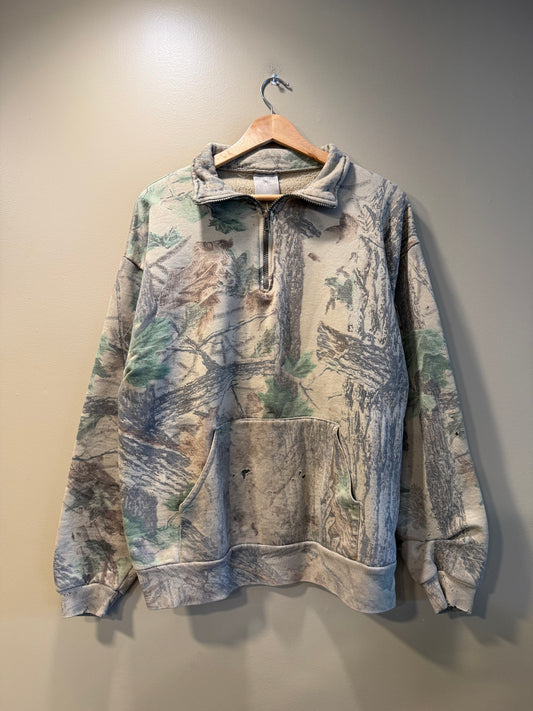 Vintage Faded Distressed Jerzees Outdoors RealTree Camo Quarter-Zip Sweatshirt- L