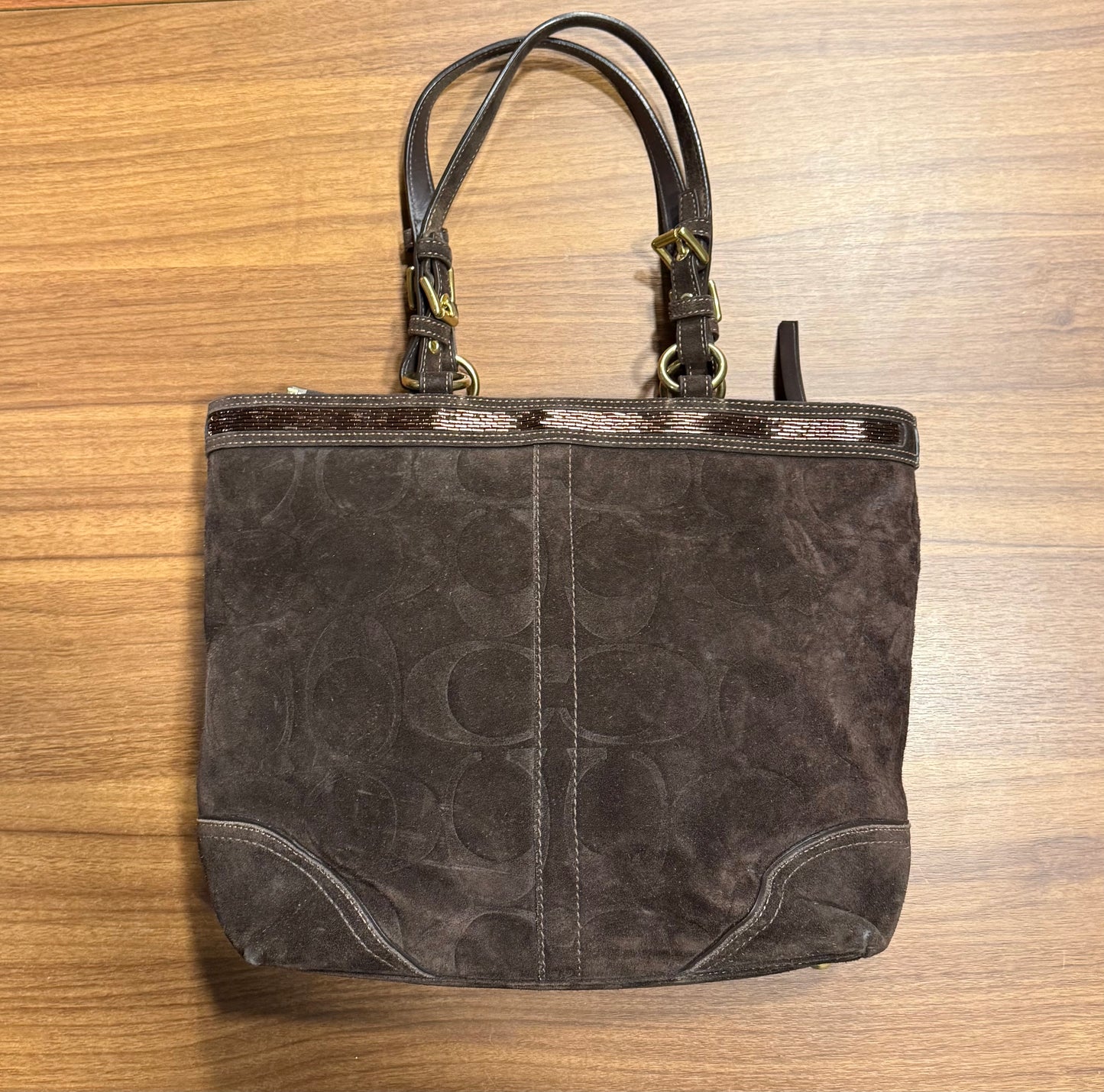 Vintage Coach 10442 Retired Suede Brown Beaded Tote Shoulder Bag