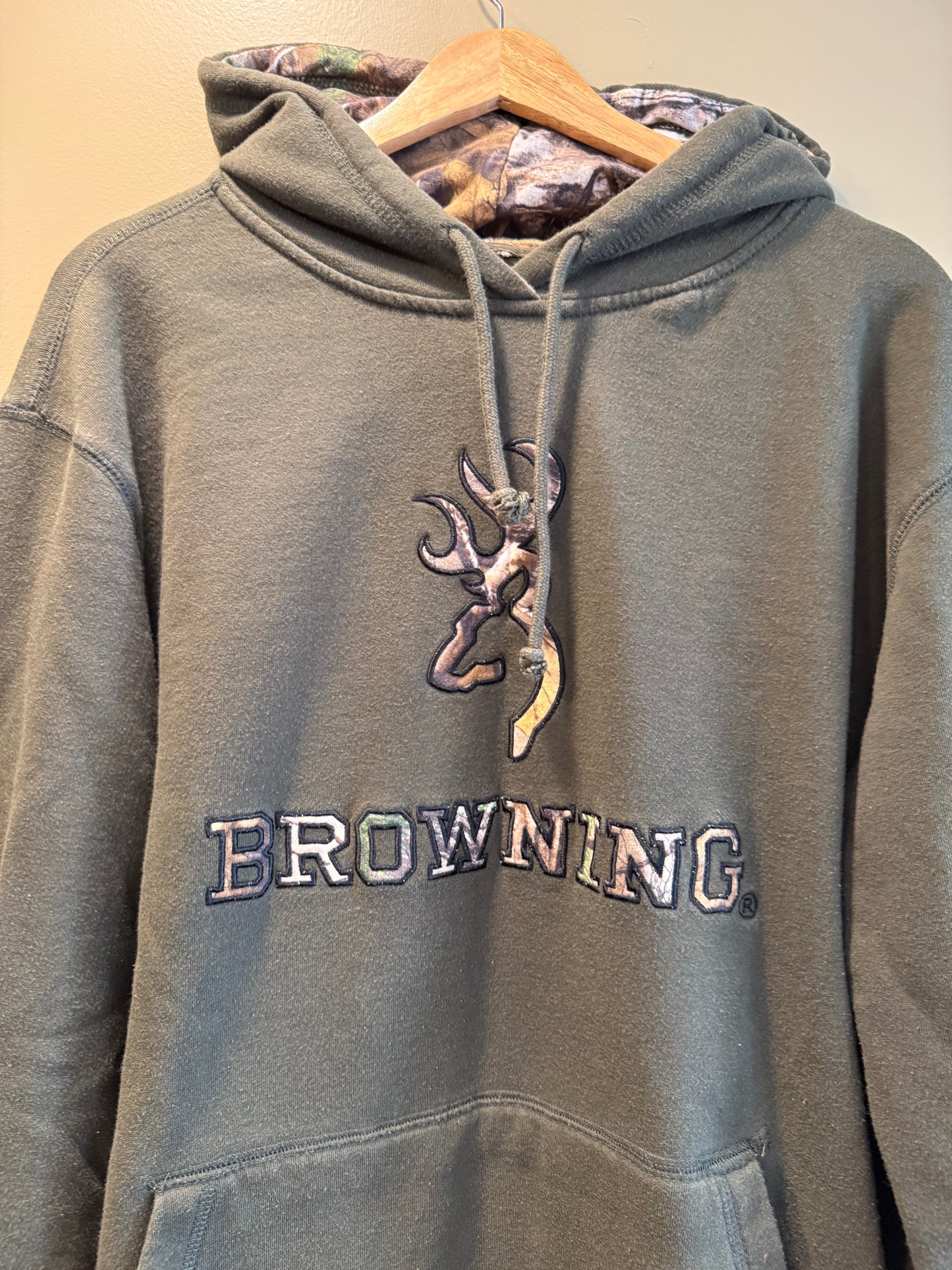 Vintage Browning Green Camouflage Buck Hoodie Sweatshirt- L