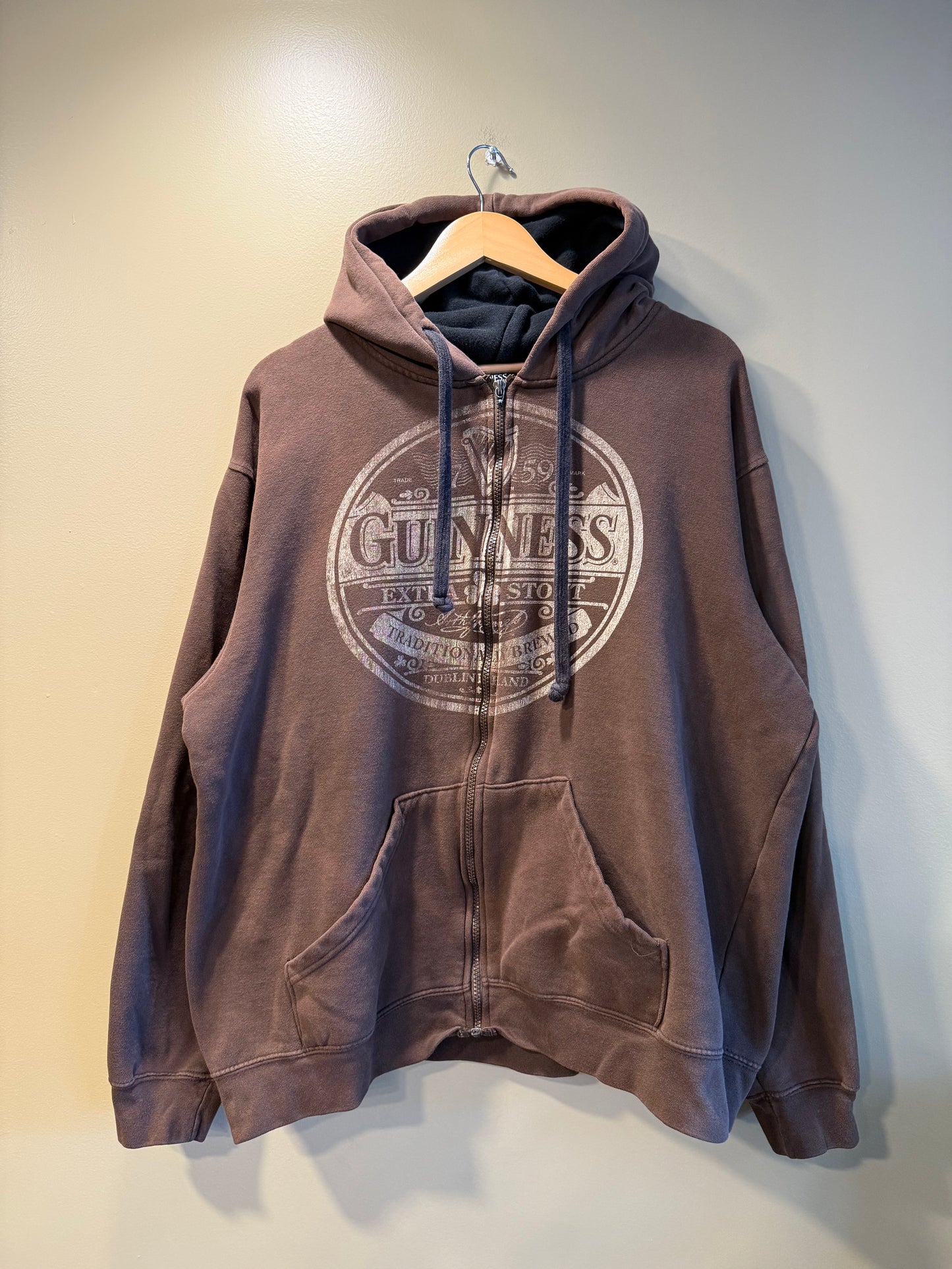 Vintage Guinness Beer Brown Zip-Up Hoodie Sweatshirt- XL