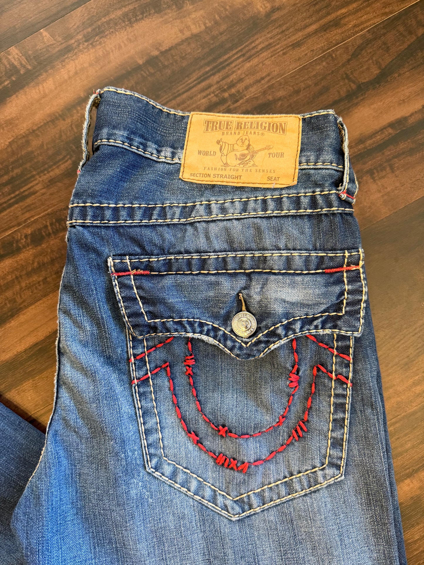 Vintage True Religion Red Lined Distressed Denim Jeans- 34x32