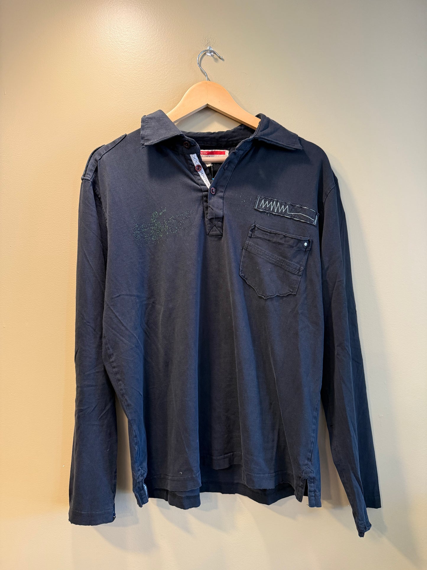 Vintage Colonial Alph Black Collared Long Sleeve Polo Shirt- L