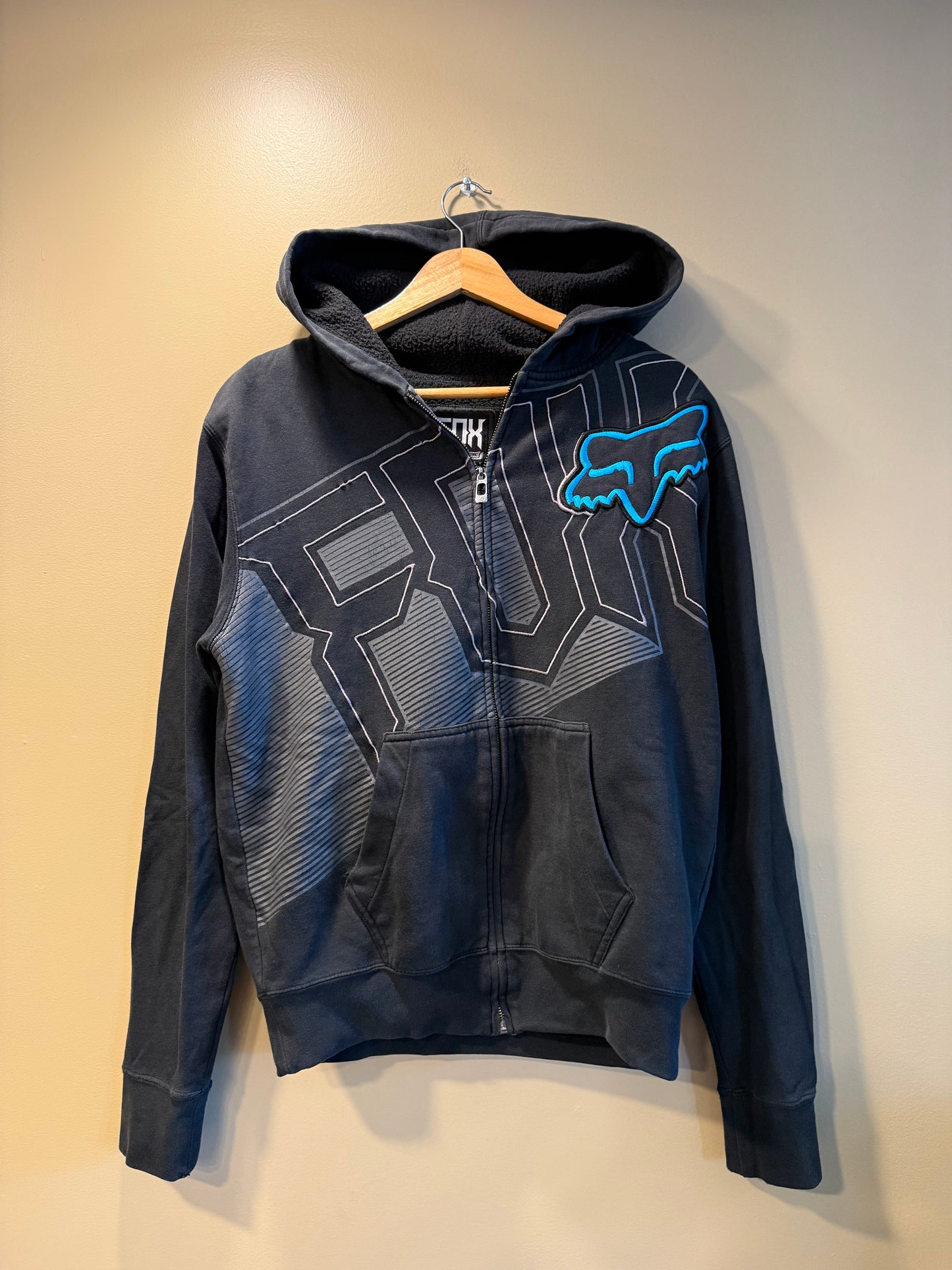 Vintage Fox Racing Black & Blue Embroidered Zip-Up Hoodie Sweatshirt- S