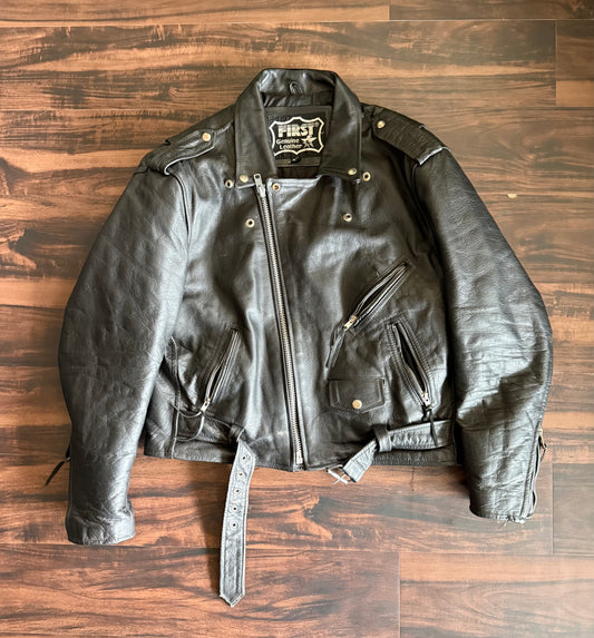 Vintage First Genuine Leather Biker Motorcycle Jacket- M