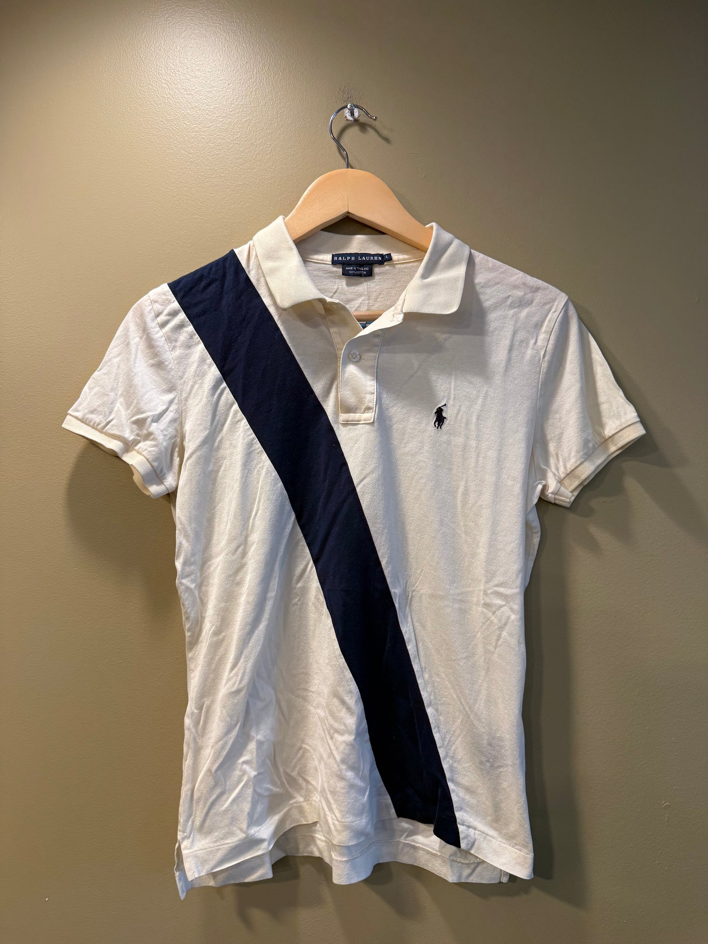 Vintage Polo Ralph Lauren White & Navy Blue Striped Polo Shirt- S