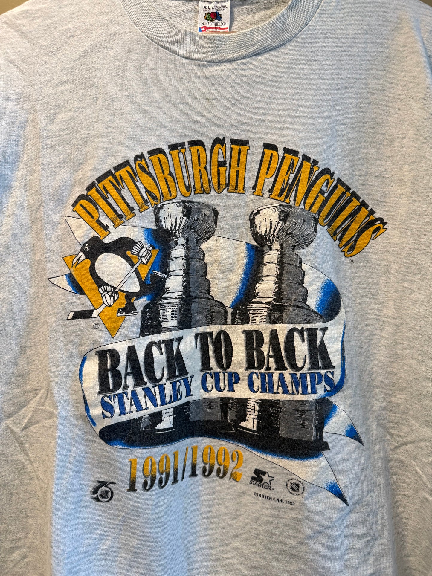 Vintage Pittsburgh Penguins NHL Gray Back To Back Stanley Cup Champions T-Shirt- XL
