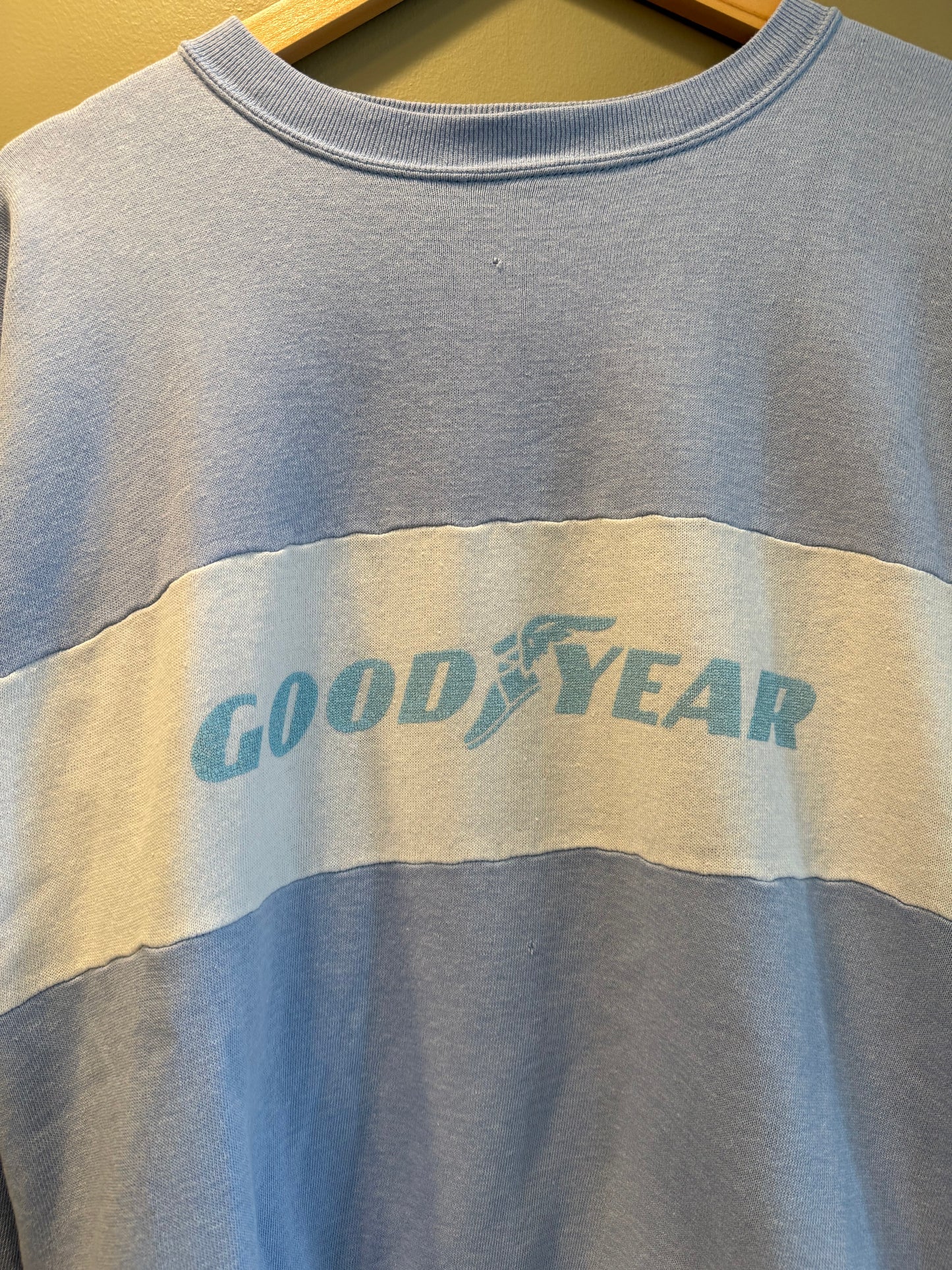 Vintage 80s Goodyear Baby Blue Striped Crewneck Sweatshirt- L